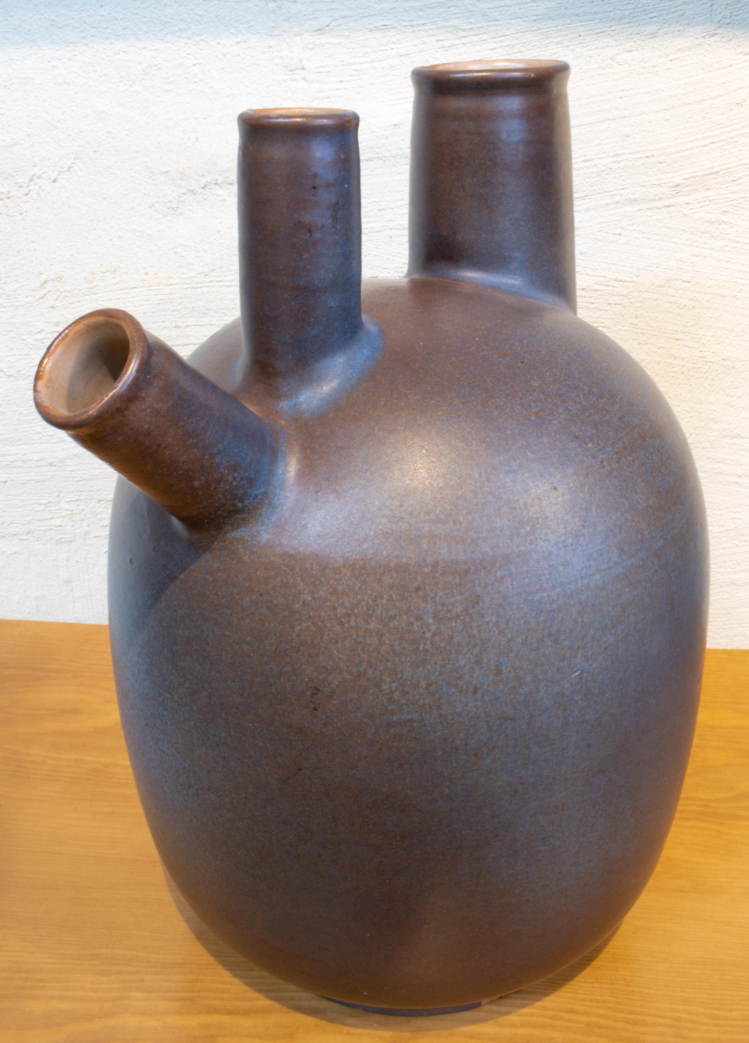 1980s Spanish Three Mouth Ceramic Vase Signed Fernando 12/1980 In Good Condition In Marbella, ES
