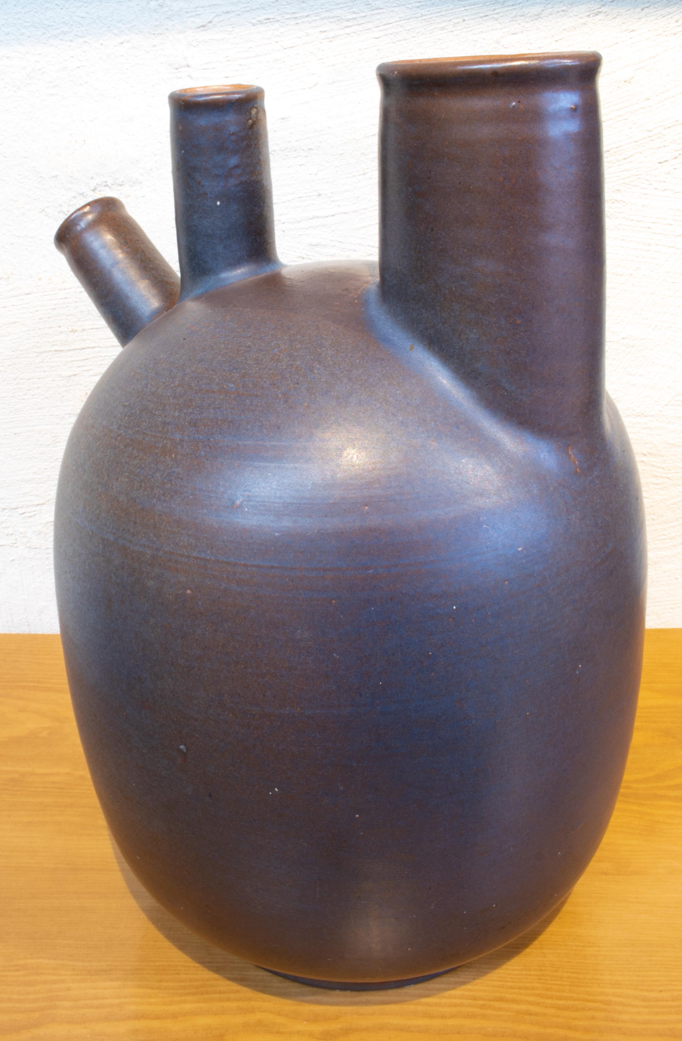 1980s Spanish Three Mouth Ceramic Vase Signed Fernando 12/1980 1