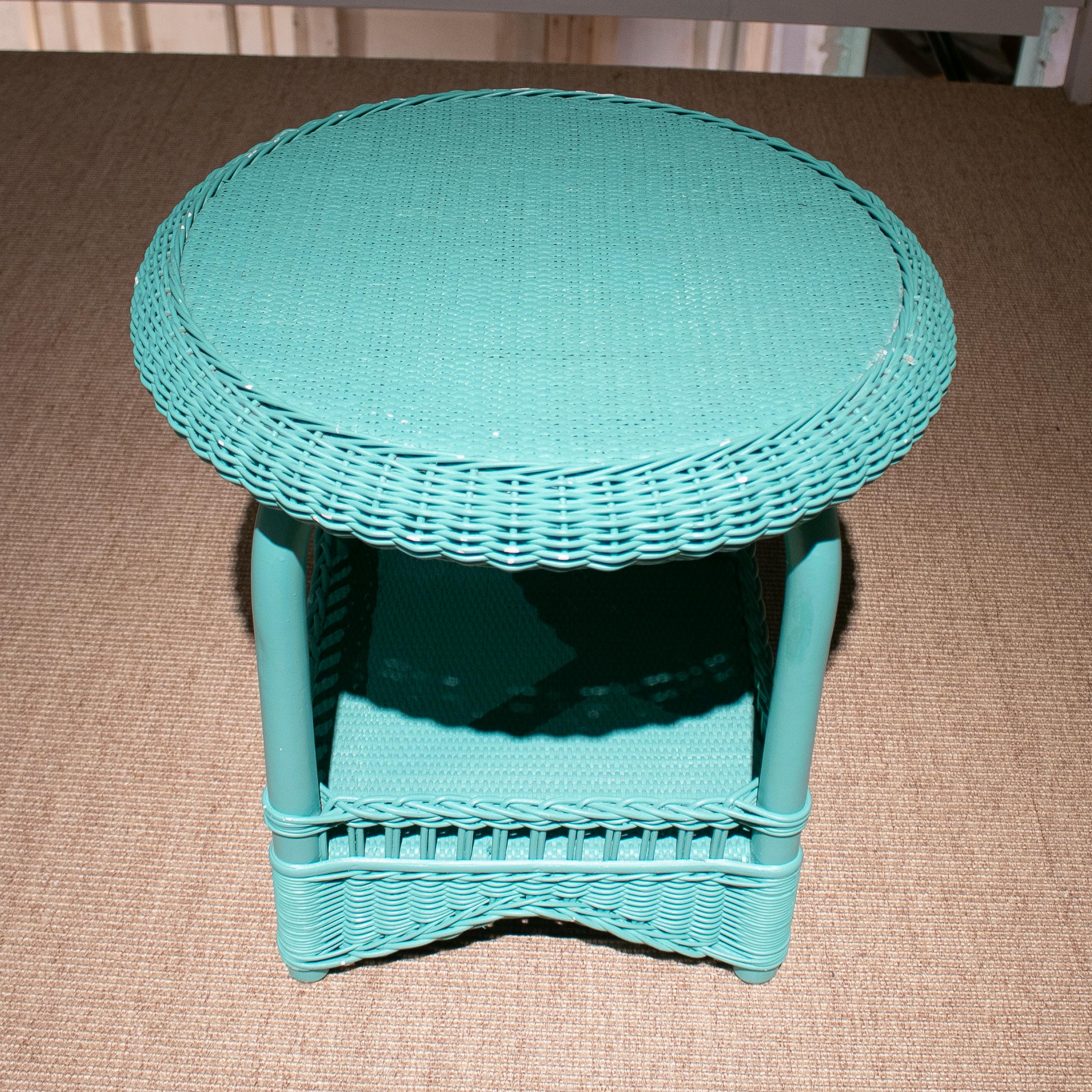 20th Century 1980s Spanish Turquoise Hand Woven Wicker Round Side Table