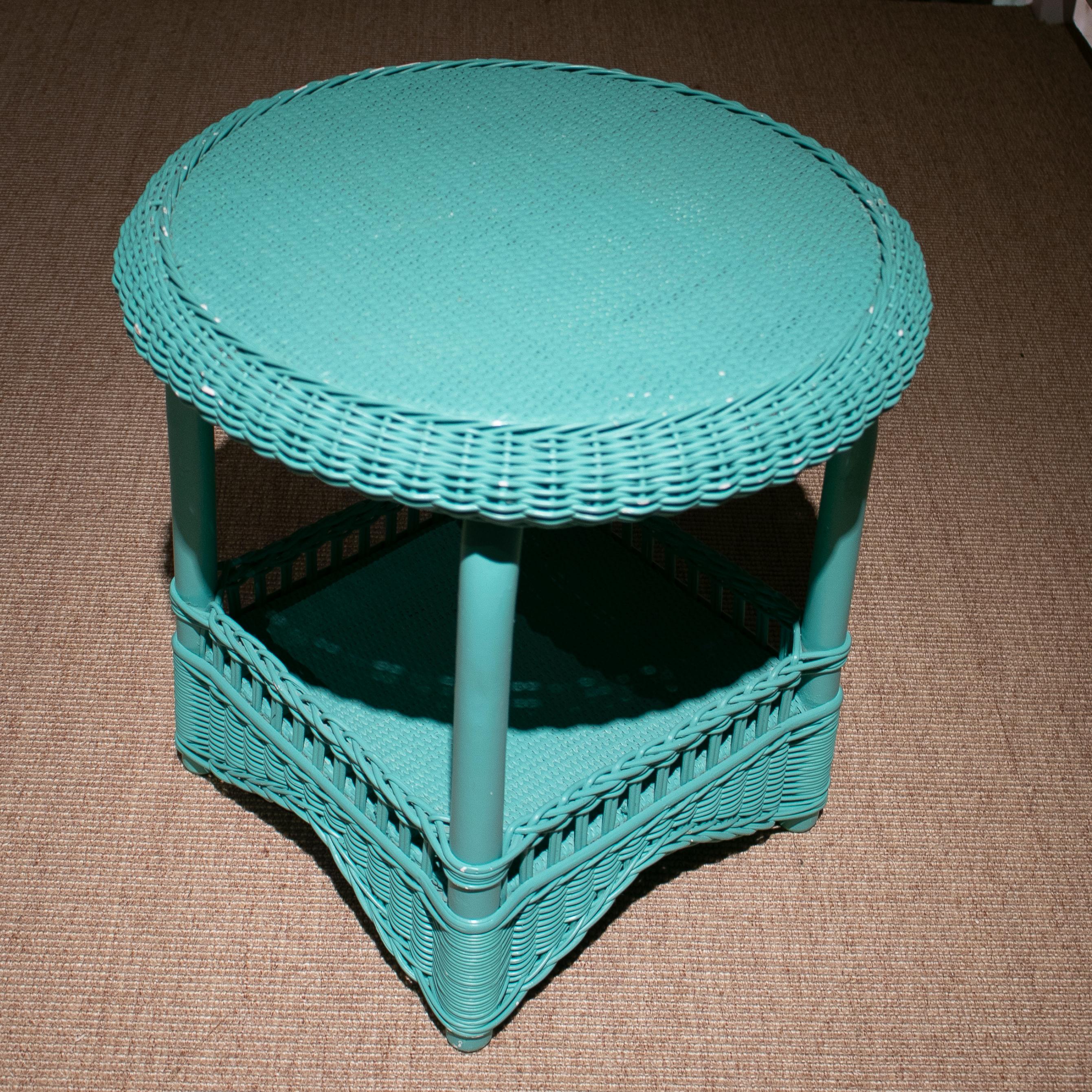 1980s Spanish Turquoise Hand Woven Wicker Round Side Table 1