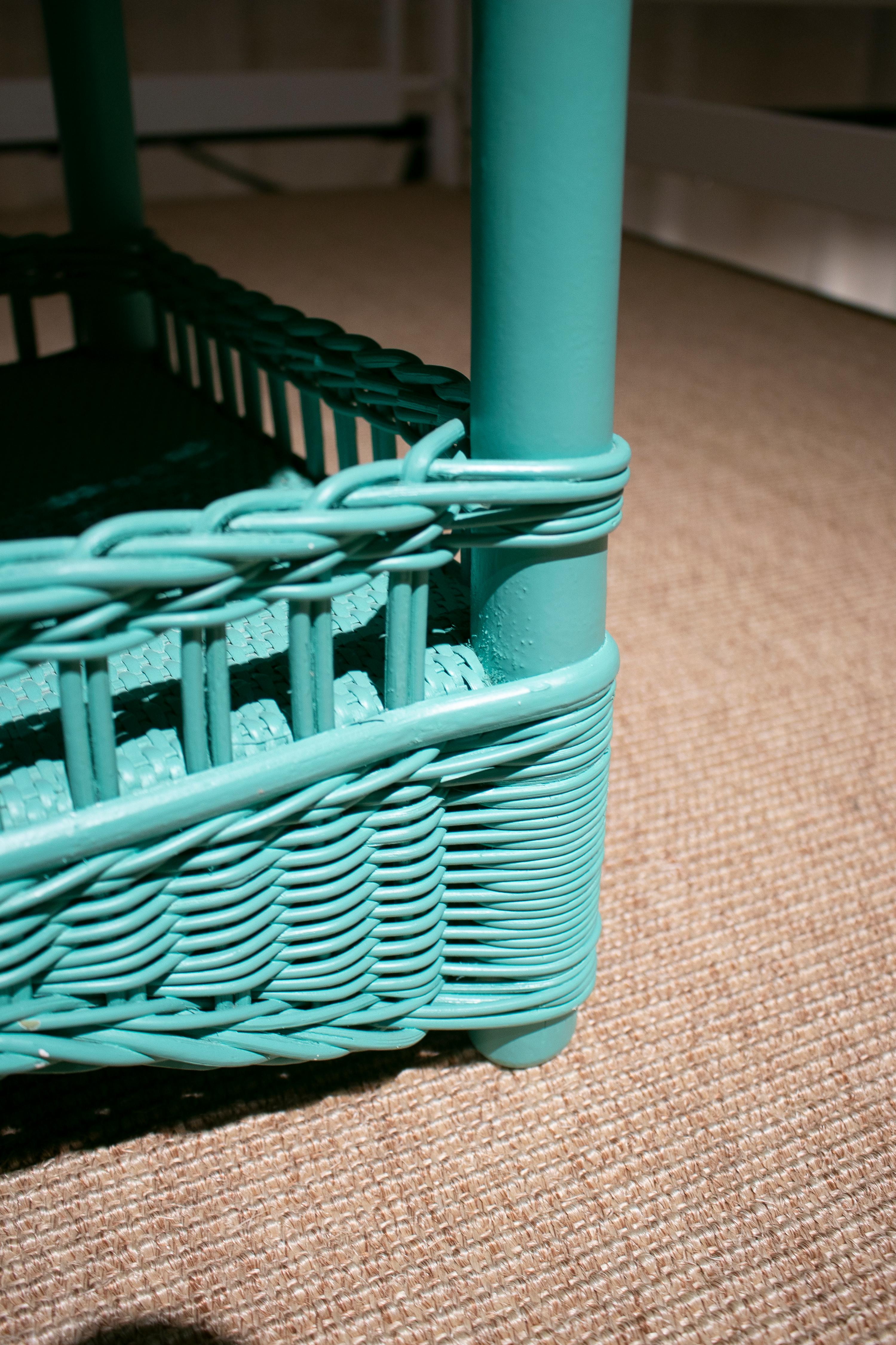1980s Spanish Turquoise Hand Woven Wicker Round Side Table 3