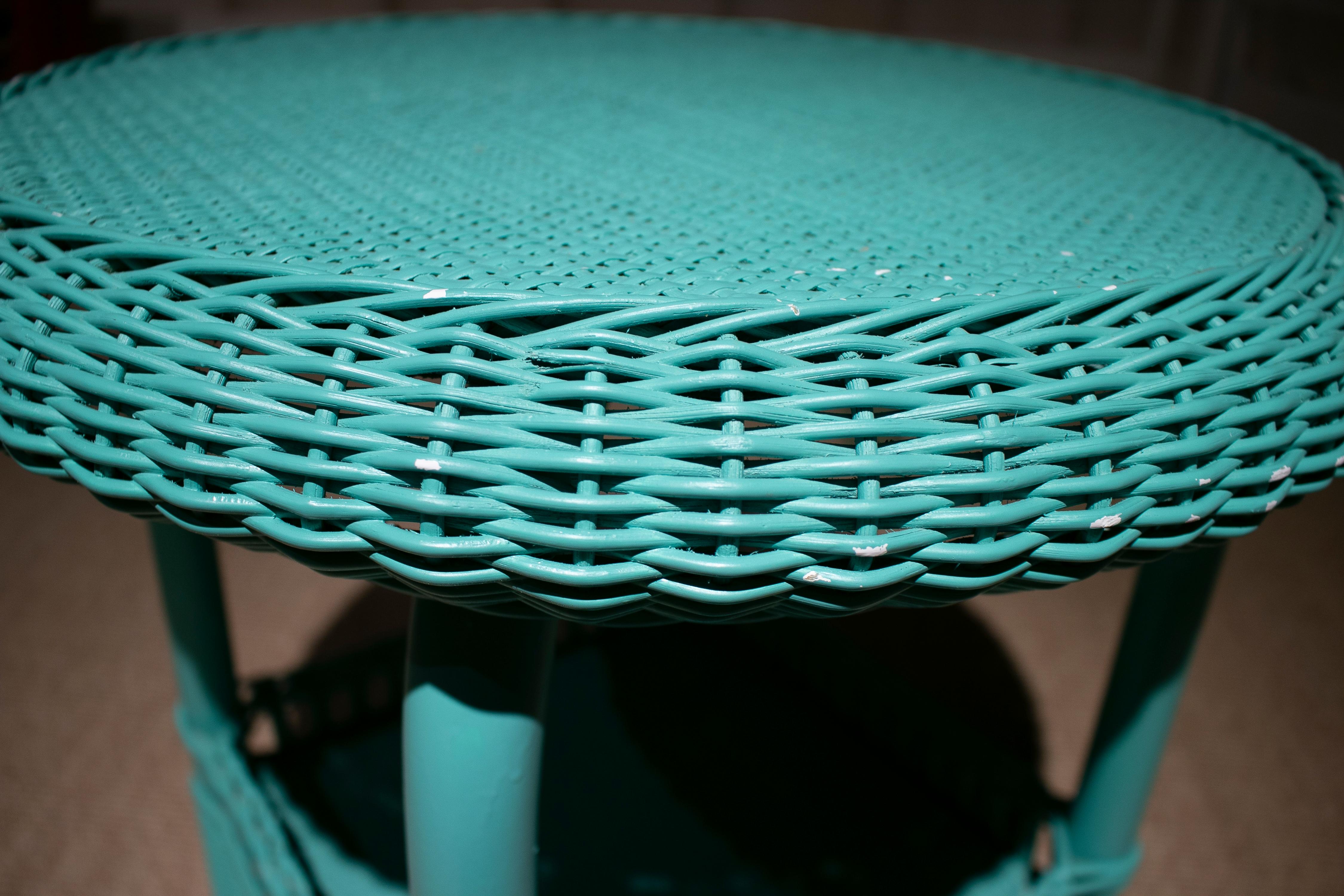 1980s Spanish Turquoise Hand Woven Wicker Round Side Table 4
