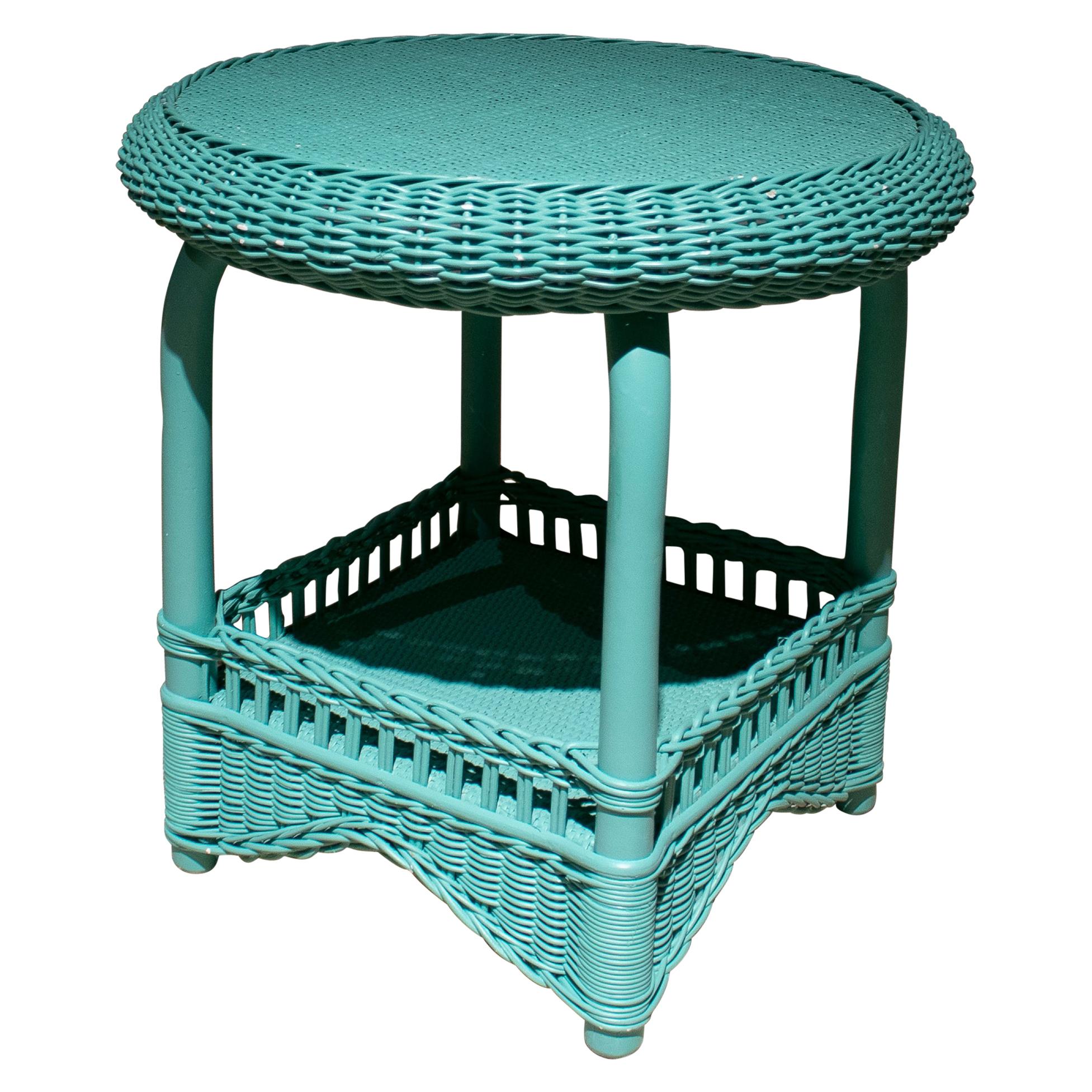 1980s Spanish Turquoise Hand Woven Wicker Round Side Table