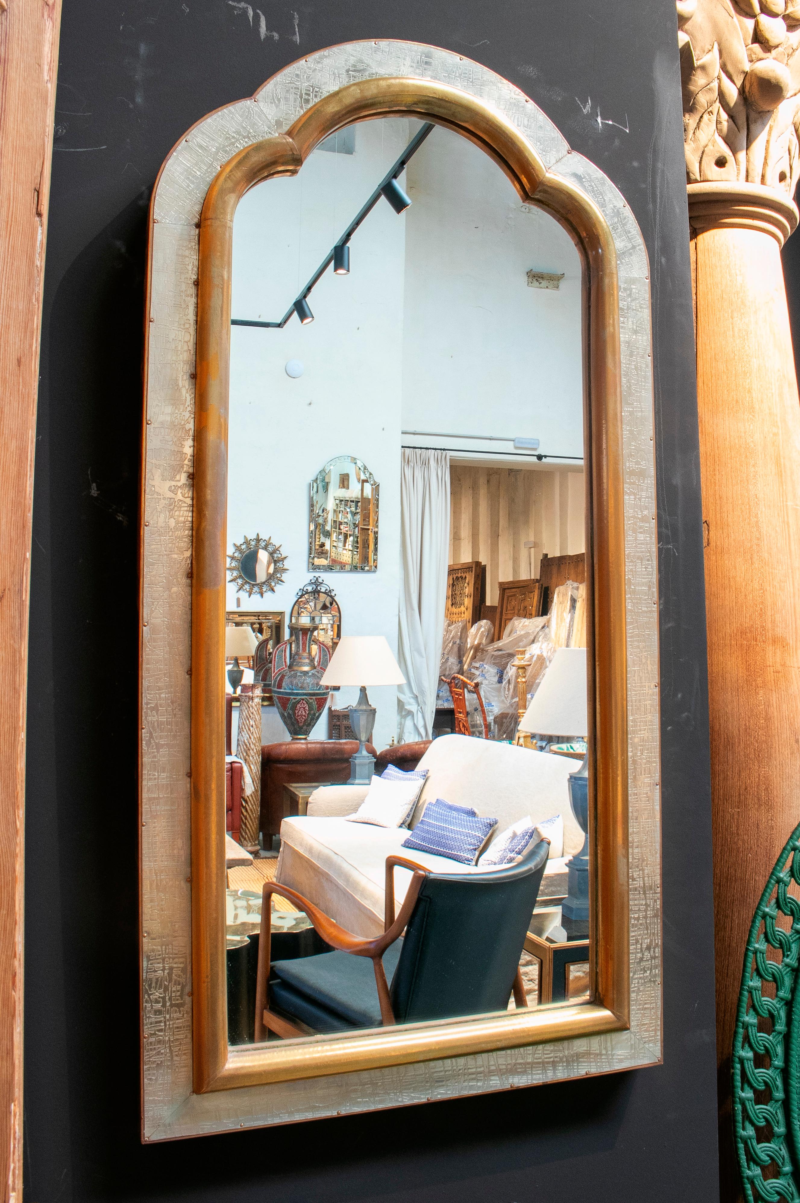 1980s Spanish two-tone bronze-plated tall mirror.