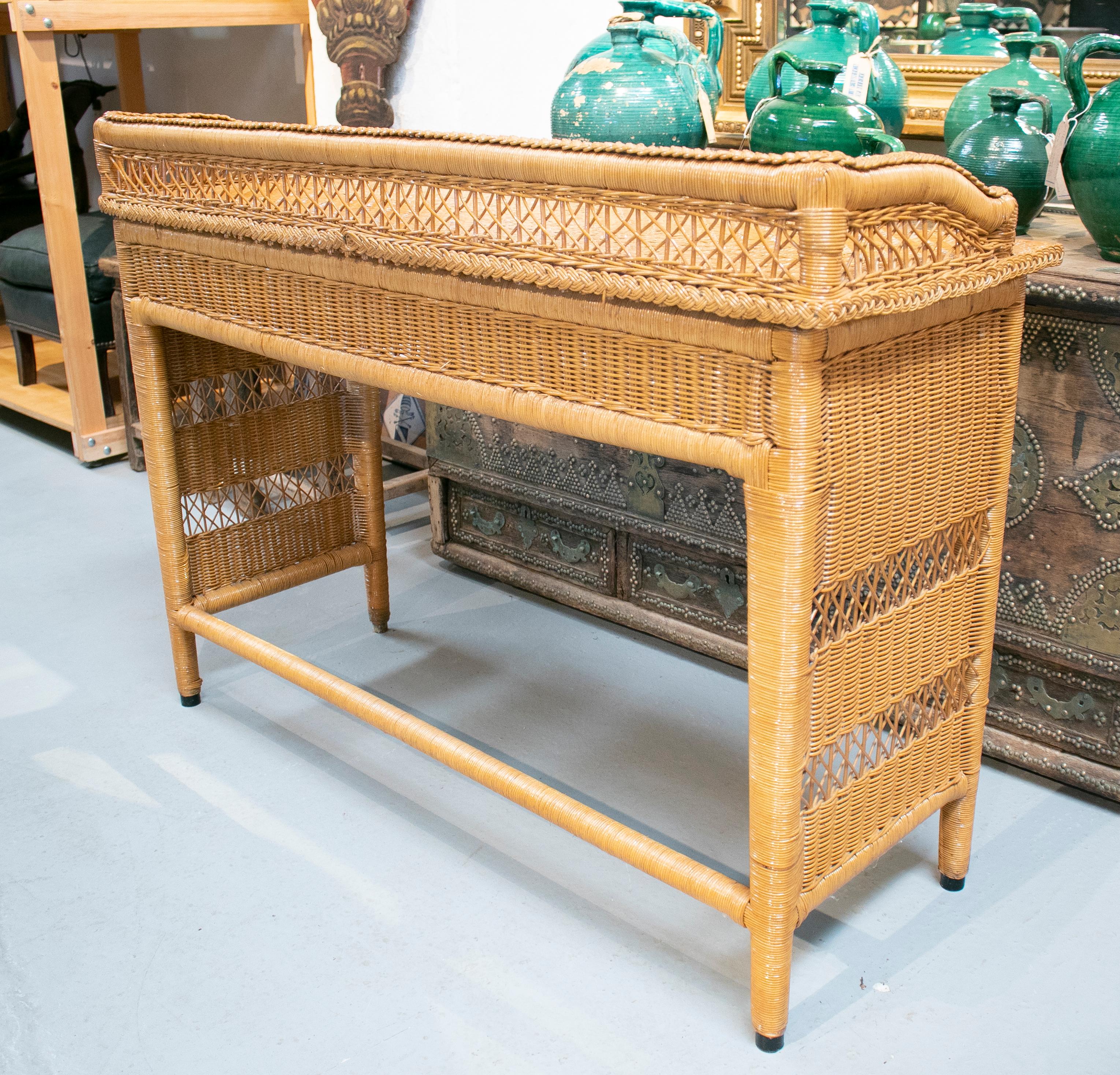 Wicker 1980s Spanish Weaved Rattan Three-Drawer Office Desk