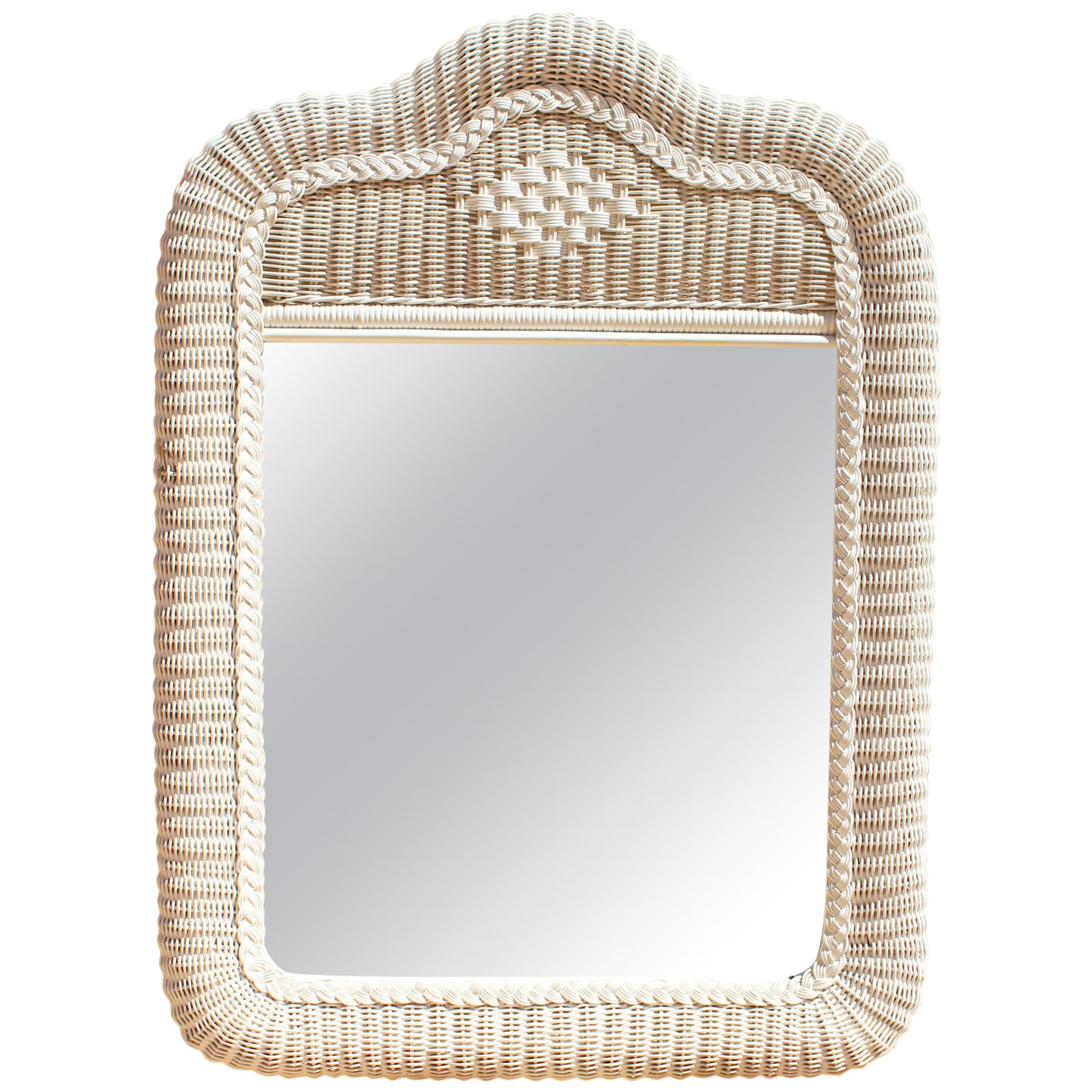 1980s Spanish White Wicker Framed Mirror