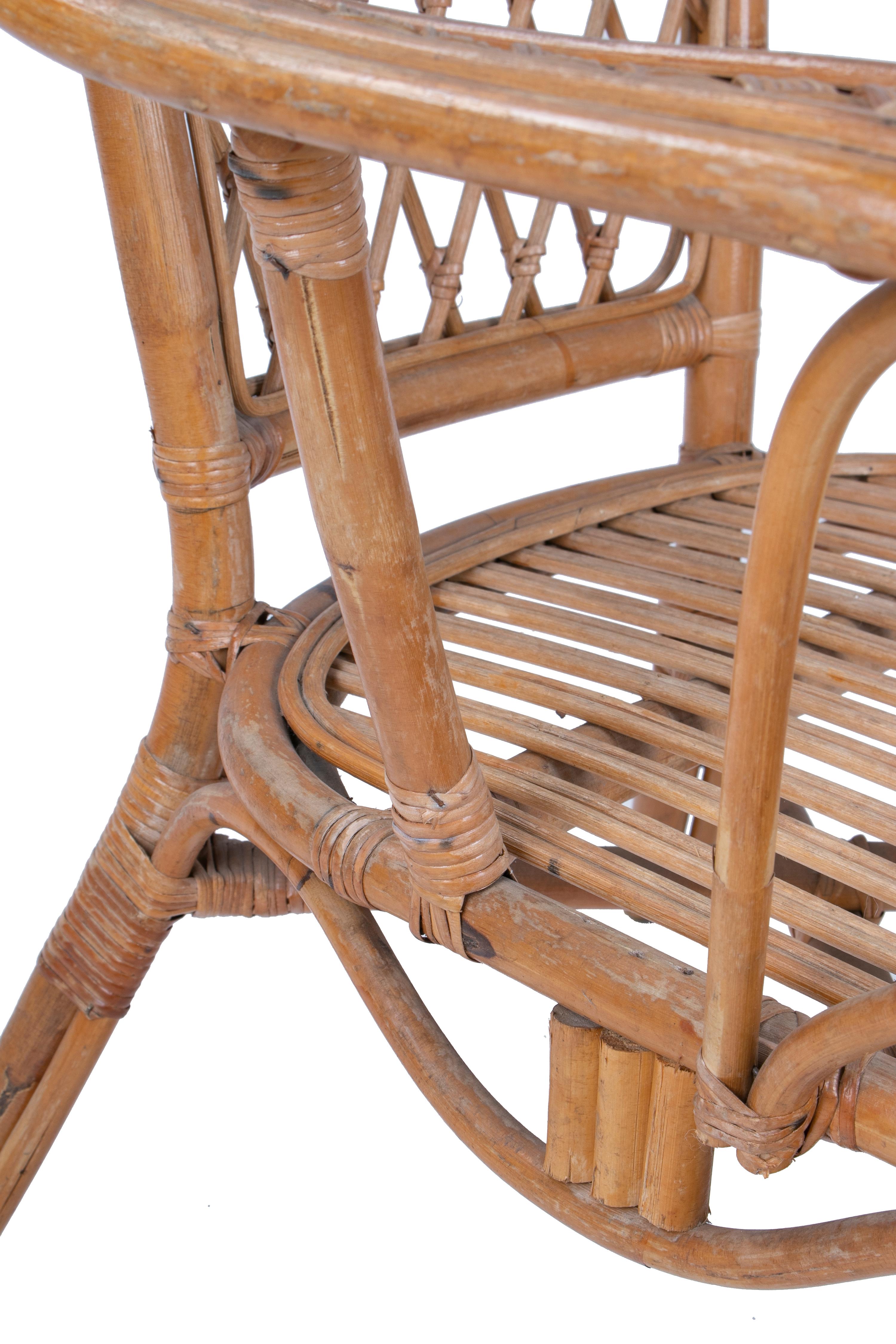 1980s Spanish Wicker and Bamboo Decorated Wooden Armchair 6