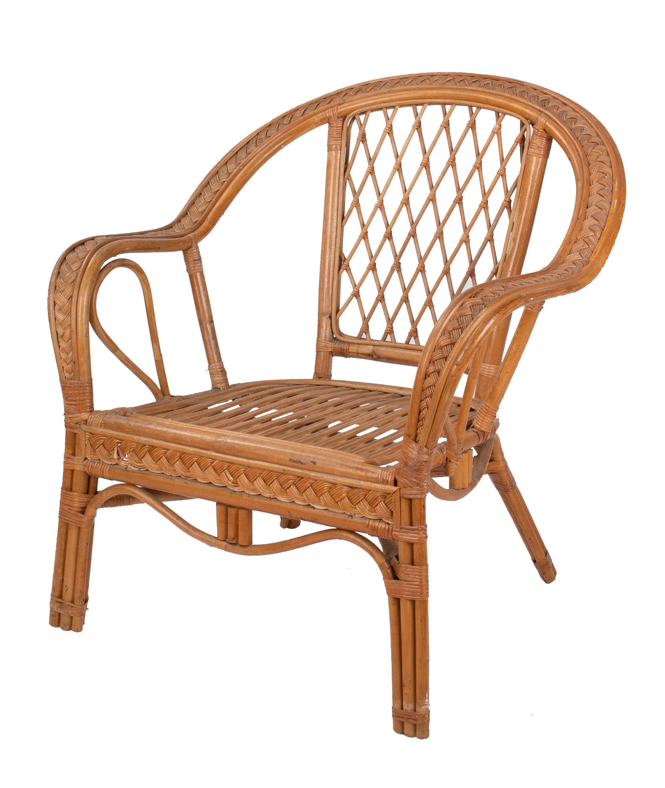 1980s Spanish Wicker and Bamboo Decorated Wooden Armchair In Good Condition In Marbella, ES