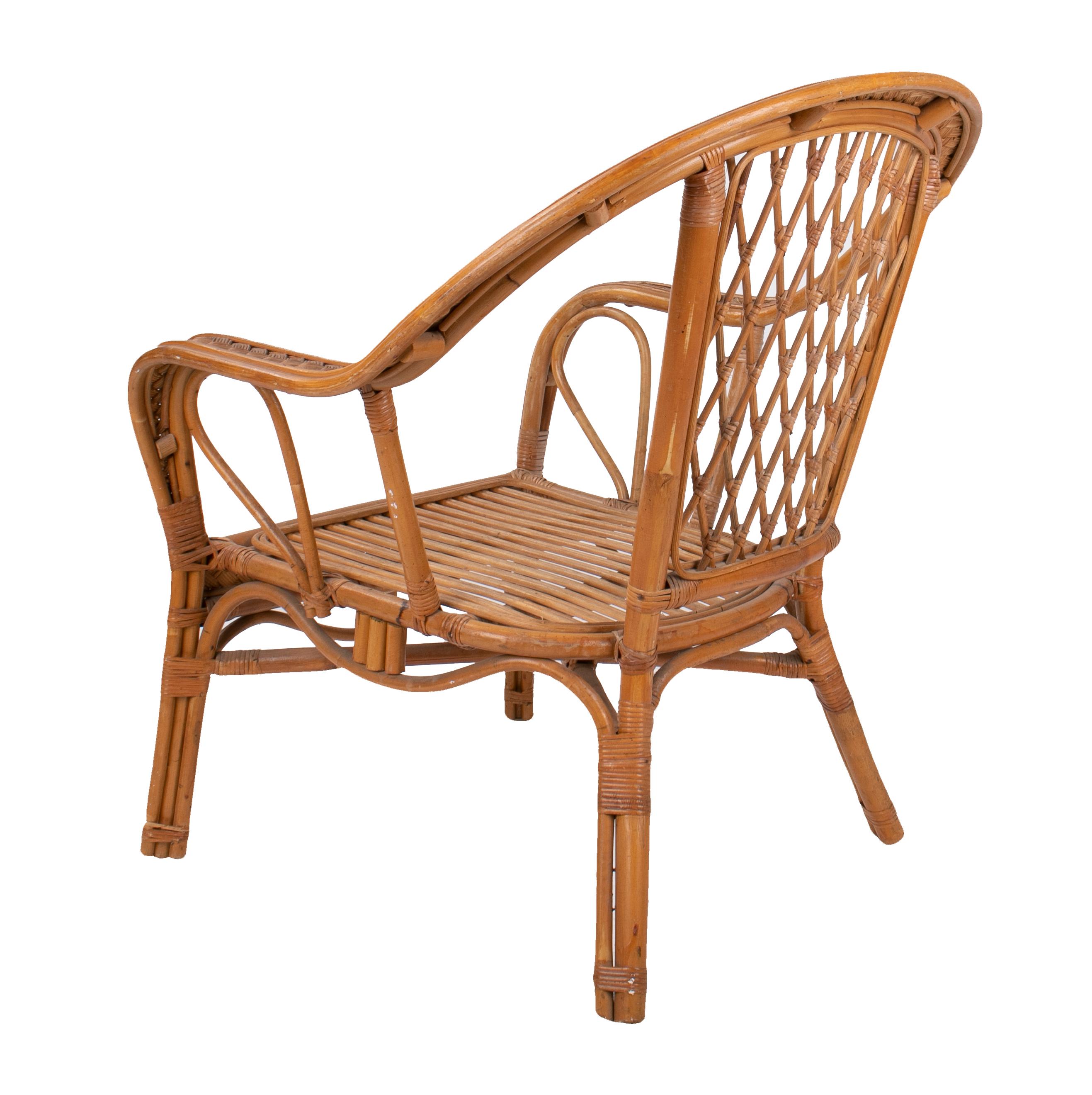 20th Century 1980s Spanish Wicker and Bamboo Decorated Wooden Armchair