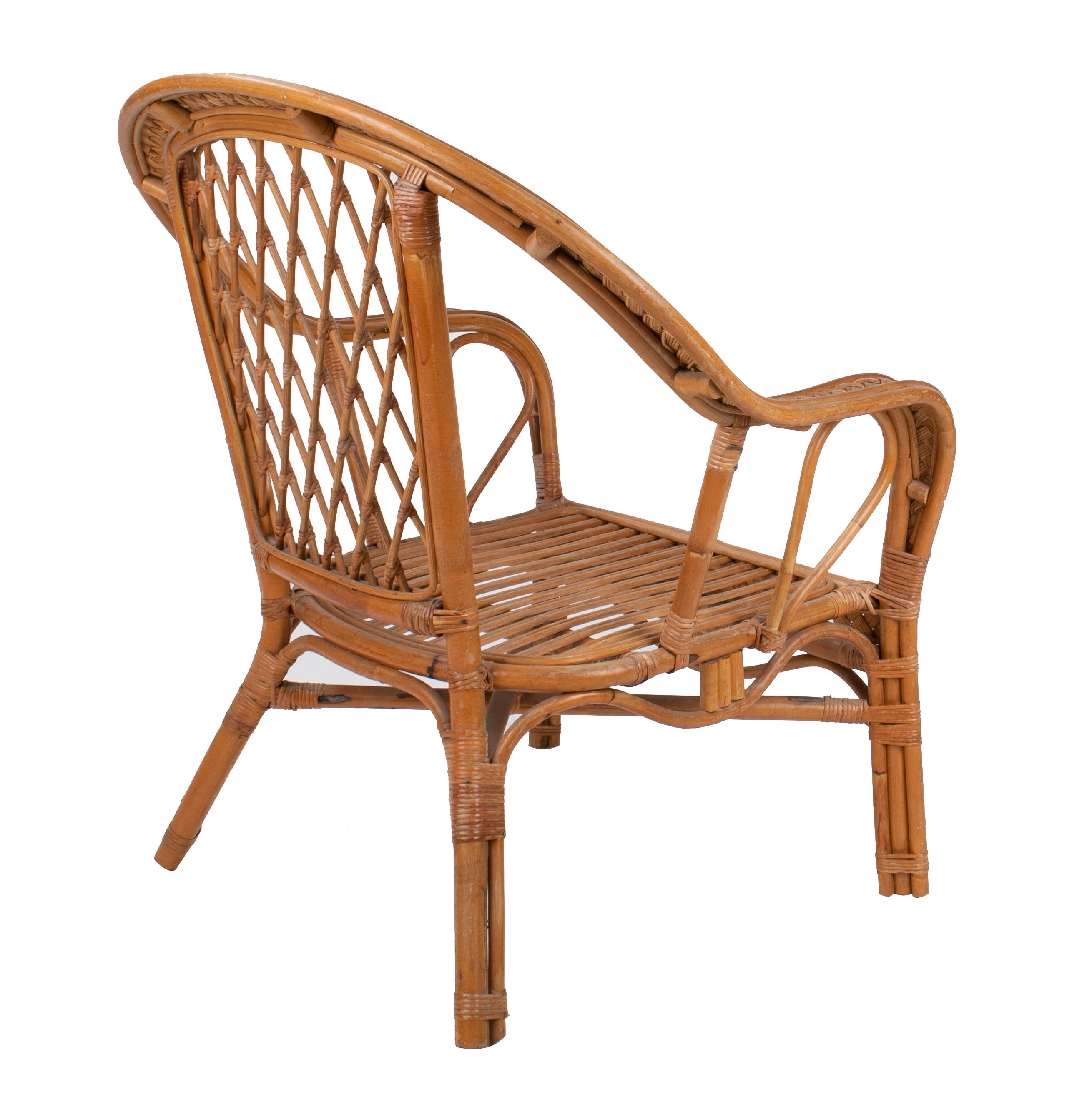 1980s Spanish Wicker and Bamboo Decorated Wooden Armchair 1