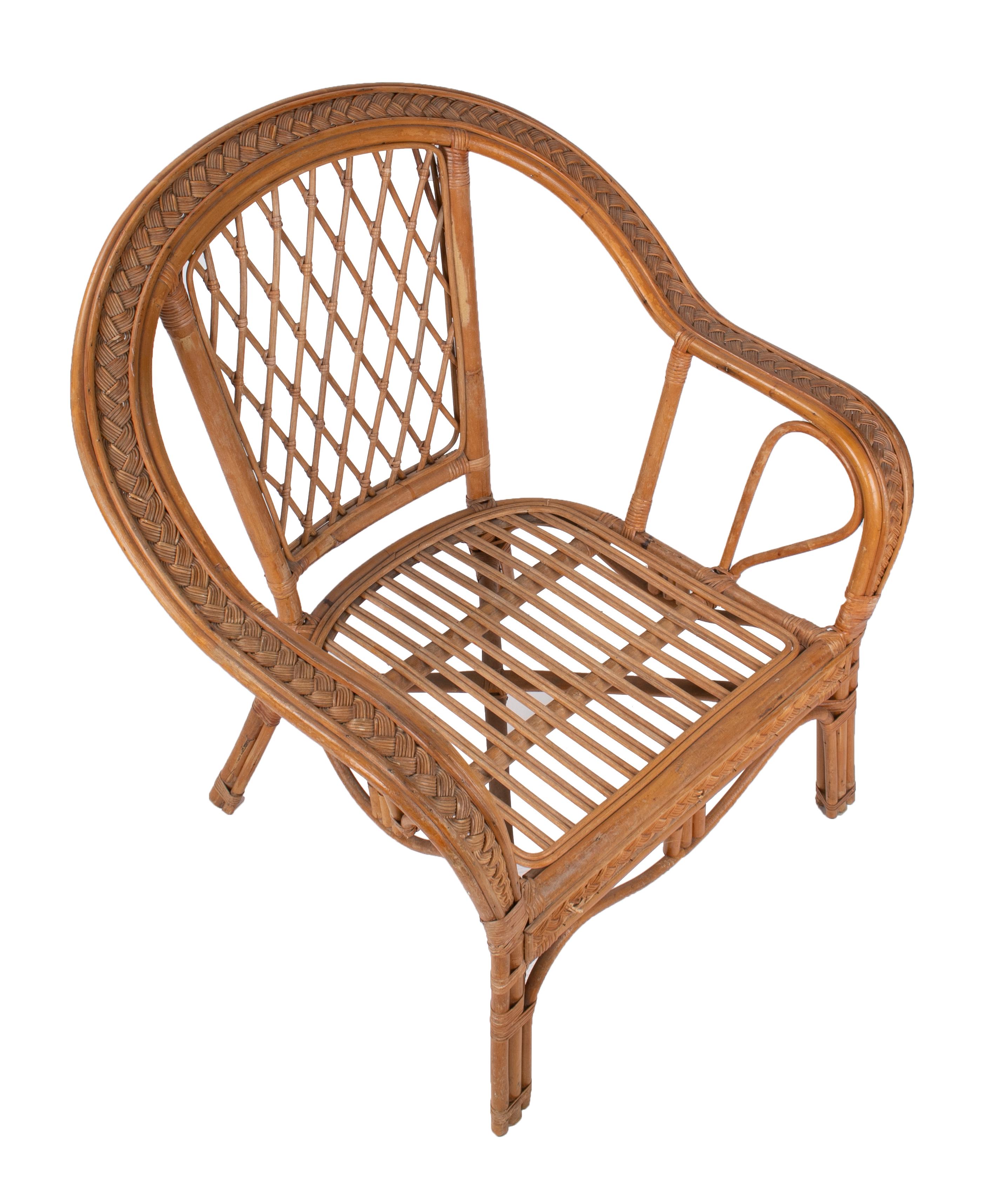 1980s Spanish Wicker and Bamboo Decorated Wooden Armchair 2