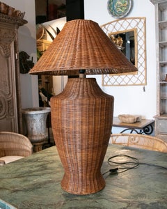 1980s, Spanish Wicker Lamp with Handmade Shade