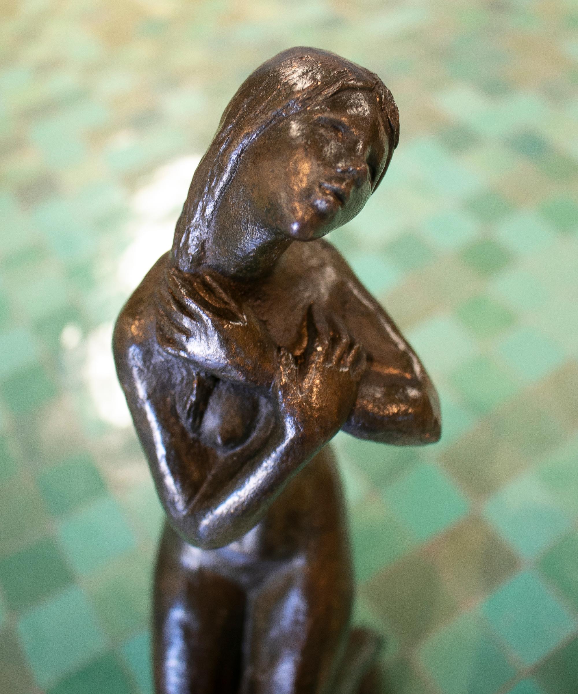 1980s Spanish Woman Bronze Figure w/ Marble Base Signed 