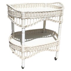 1980s Spanish Wood and Laced Wicker Mini Bar Trolley