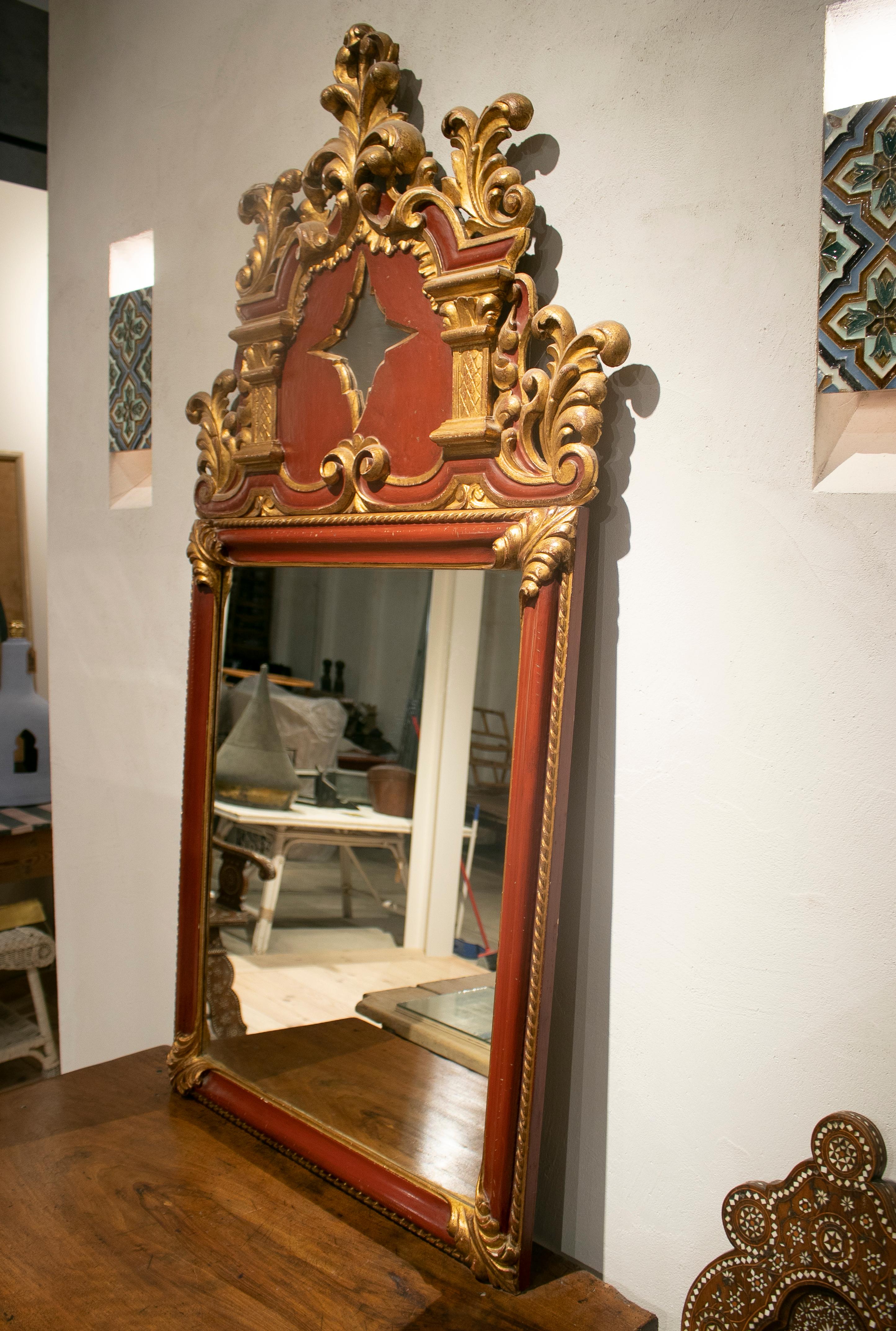 20th Century 1980s Spanish Wooden Painted Mirror w/ Crest