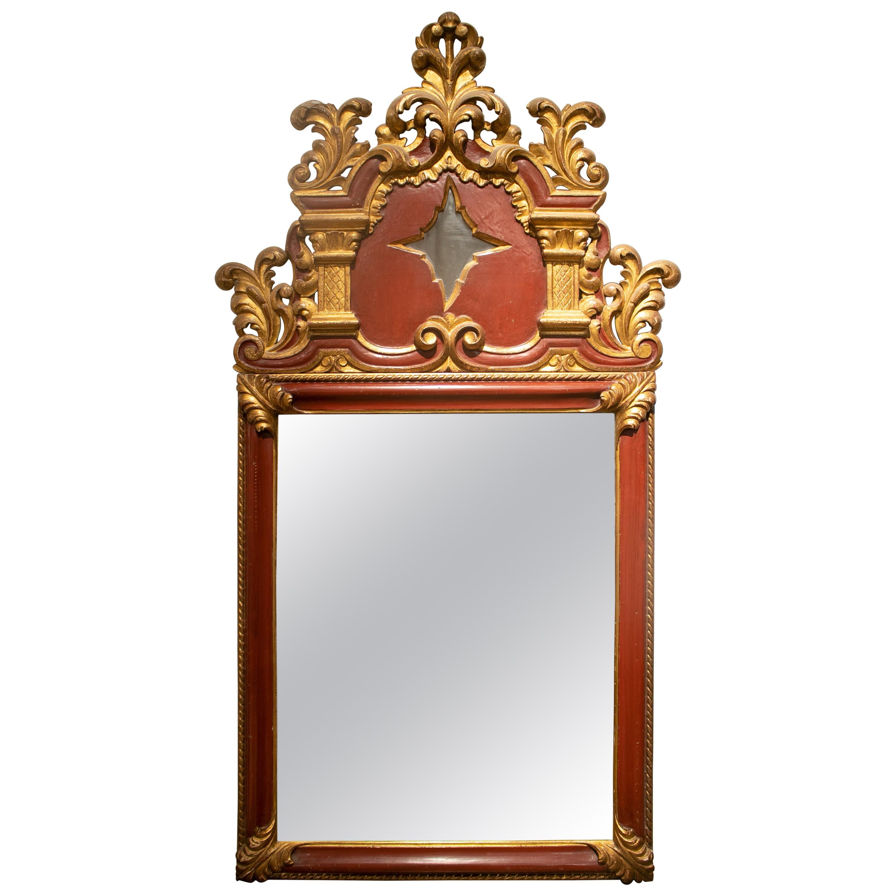 1980s Spanish Wooden Painted Mirror w/ Crest