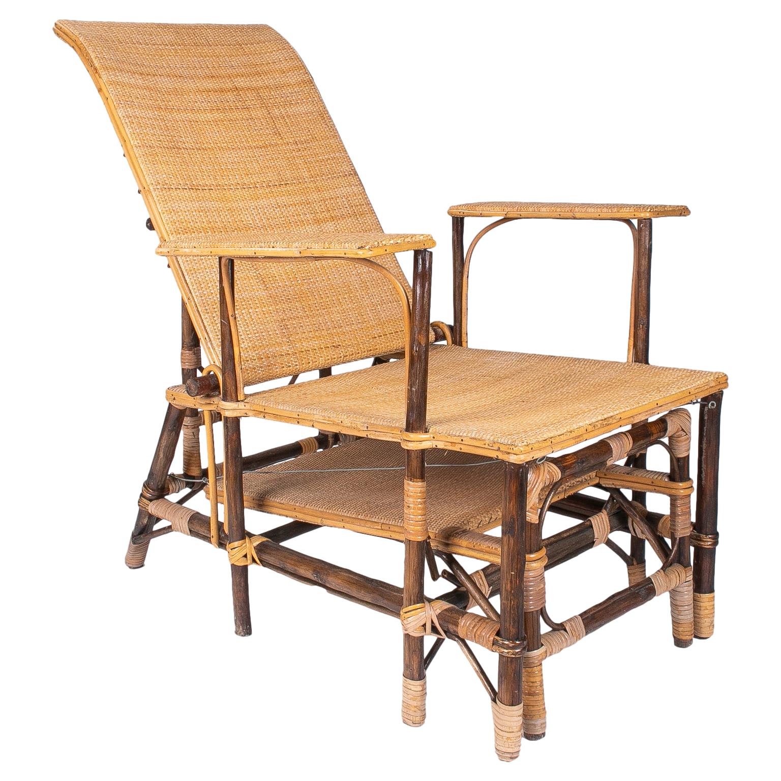 1980s Spanish Woven Wicker & Bamboo Sunbathing Lounge Chair For Sale