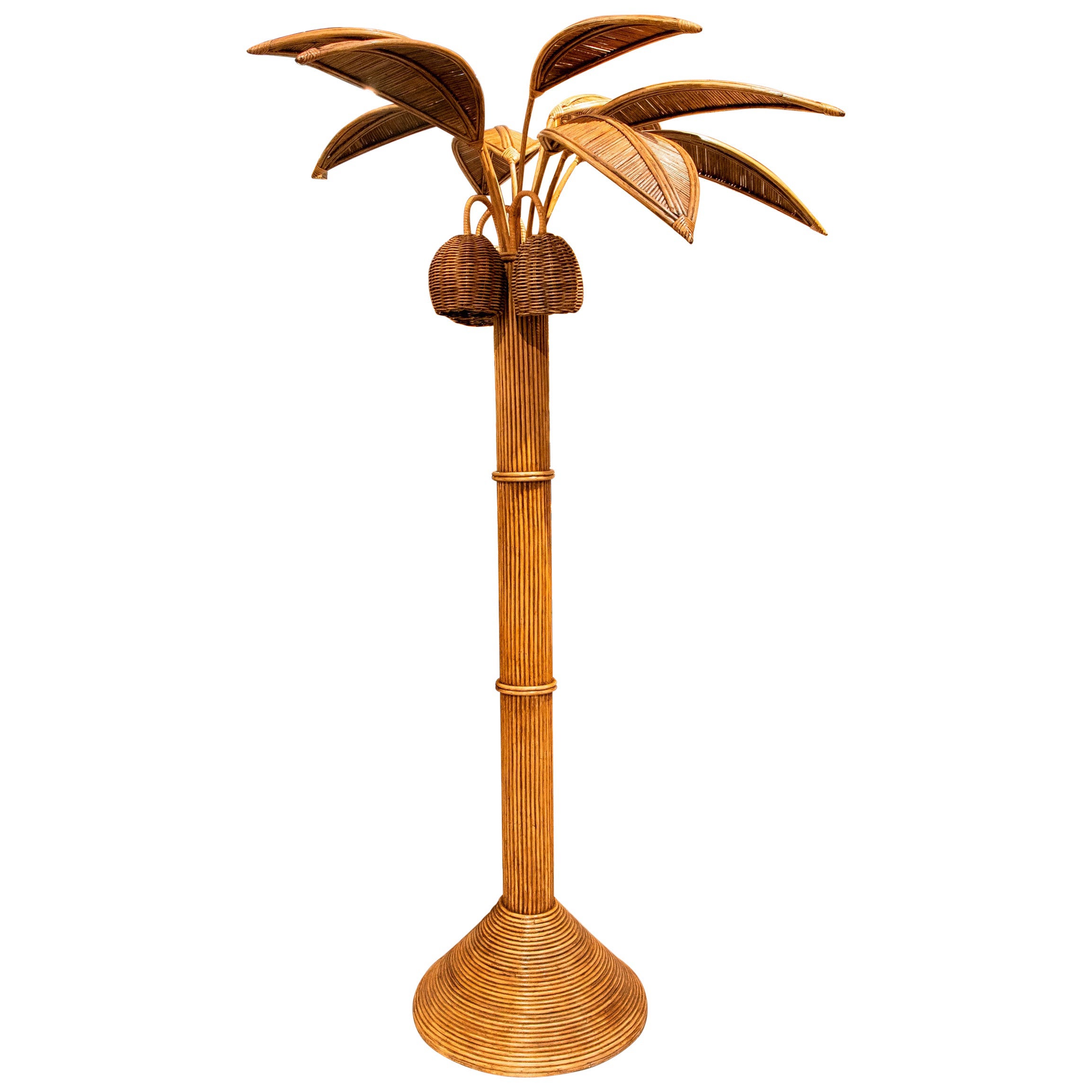 1980s Spanish Woven Wicker Palm Tree Lamp