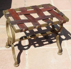 1980s, Spanish Wrought Iron and Leather Low Bench