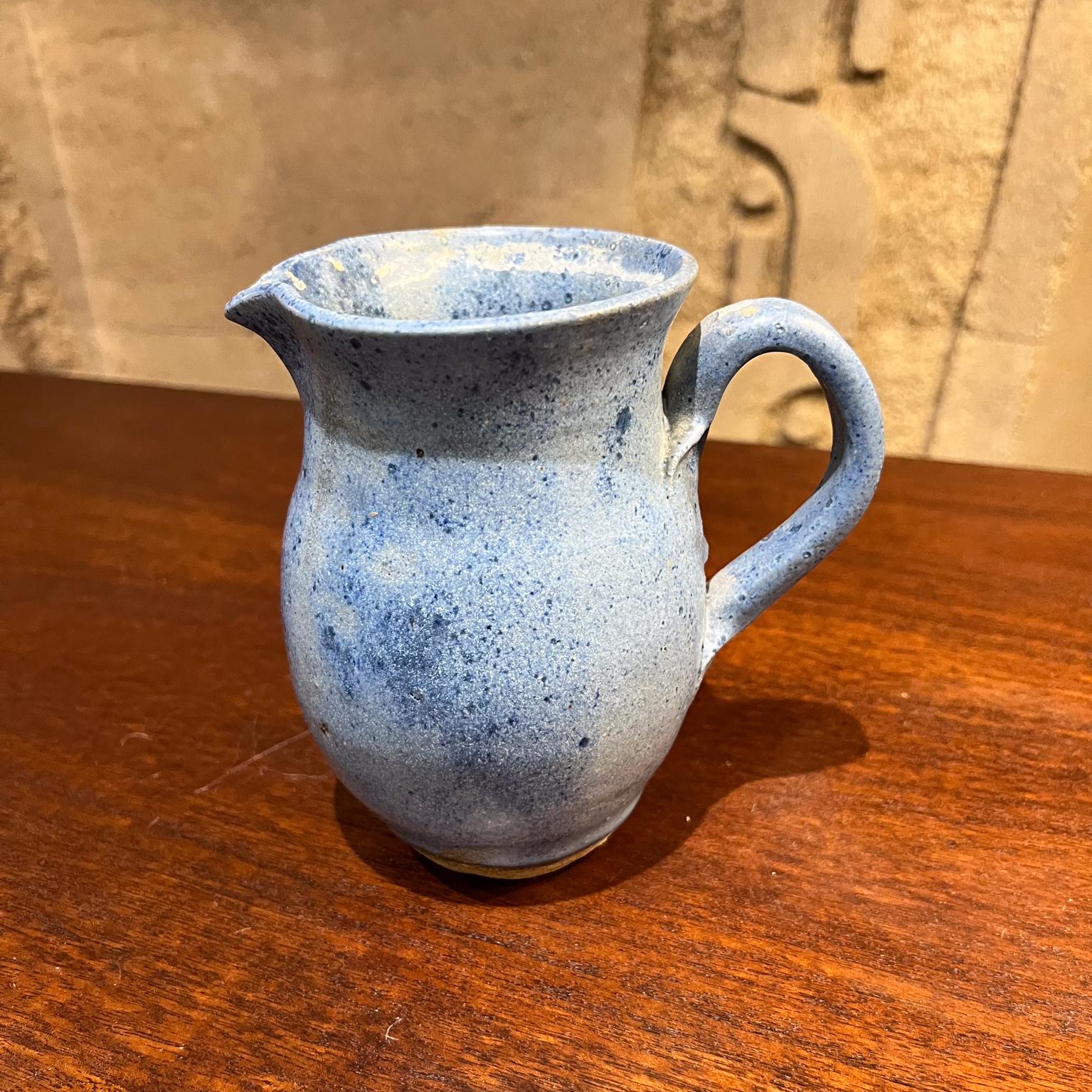 1980s Speckled Stoneware Art Pottery Blue Pitcher signed For Sale 5