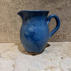 1980s Speckled Stoneware Art Pottery Blue Pitcher signed