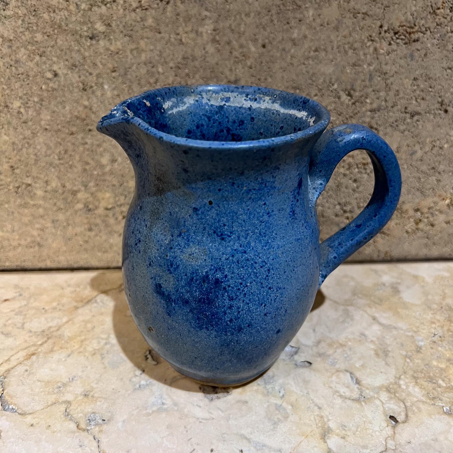 Modern 1980s Speckled Stoneware Art Pottery Blue Pitcher signed For Sale