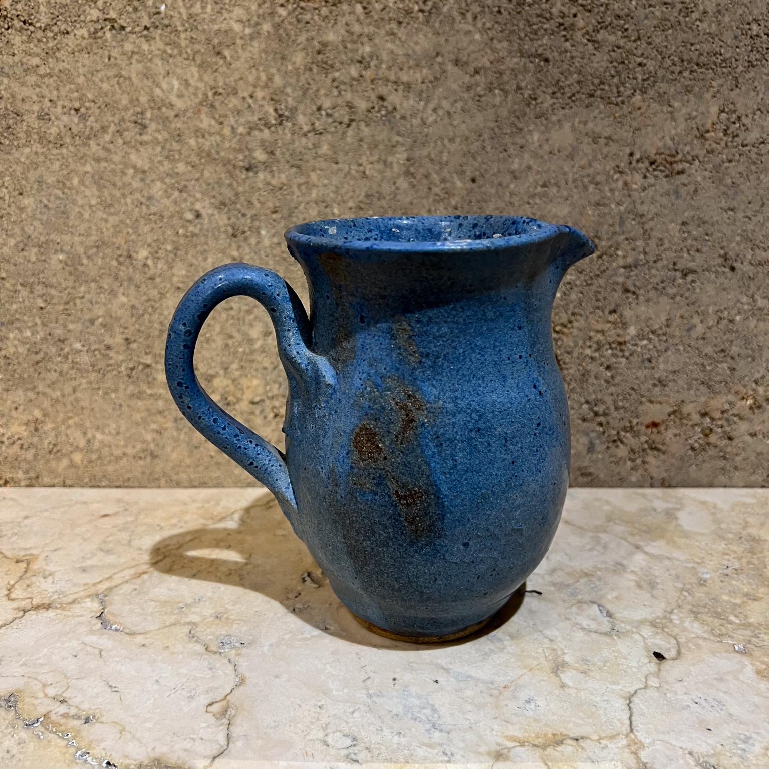 Late 20th Century 1980s Speckled Stoneware Art Pottery Blue Pitcher signed For Sale