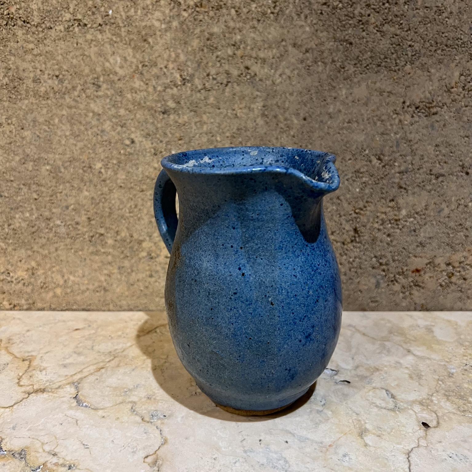 1980s Speckled Stoneware Art Pottery Blue Pitcher signed For Sale 1