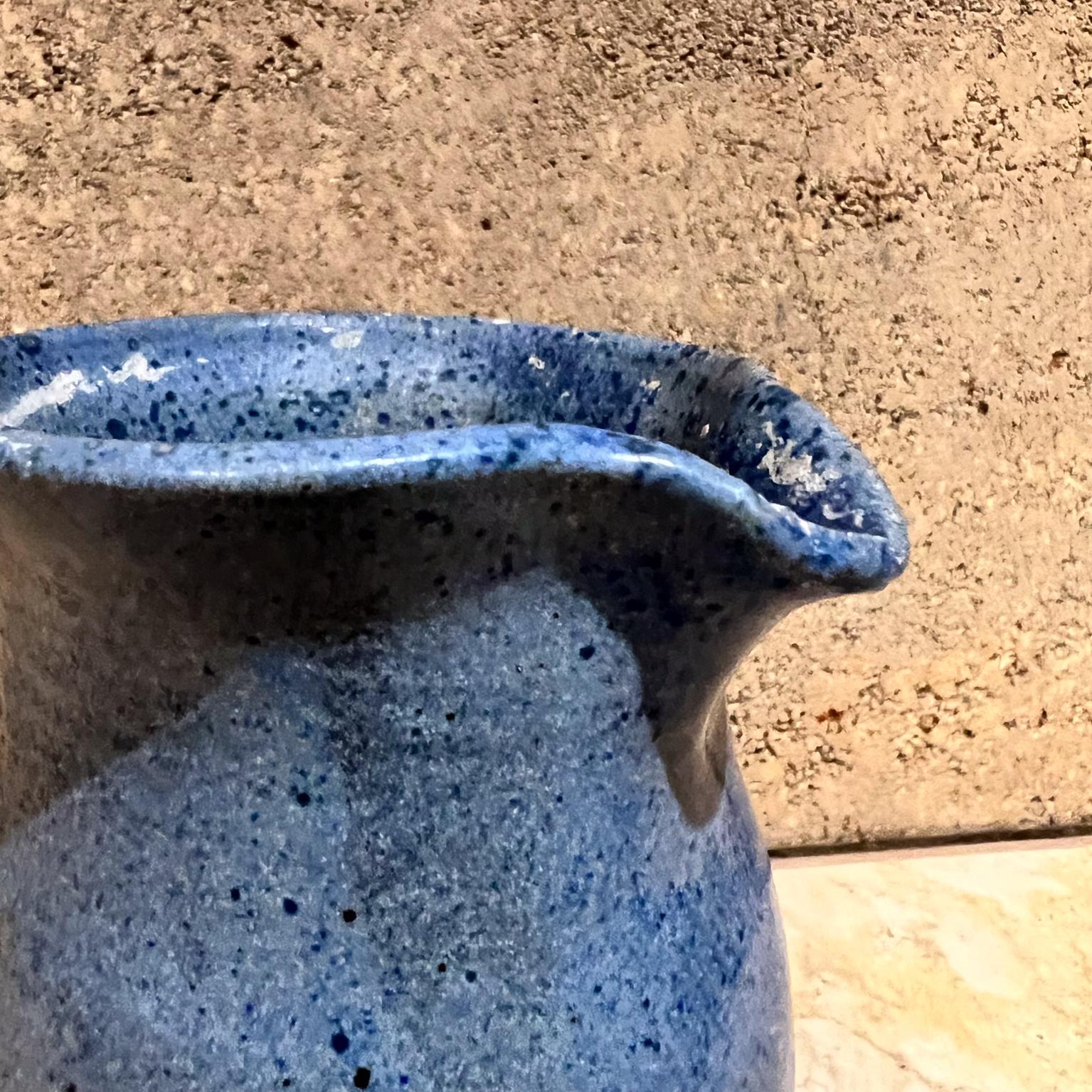 1980s Speckled Stoneware Art Pottery Blue Pitcher signed For Sale 2