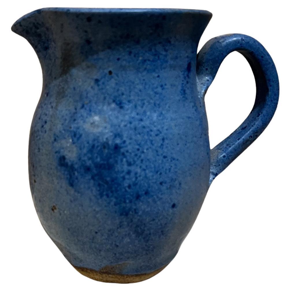 1980s Speckled Stoneware Art Pottery Blue Pitcher signed For Sale