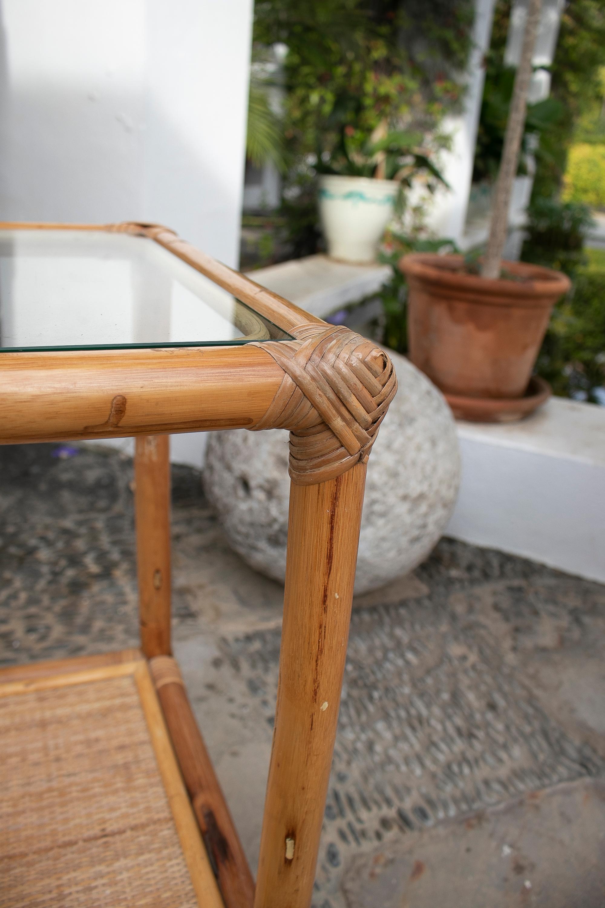 1980's Square Bamboo and Rattan Side Table For Sale 7