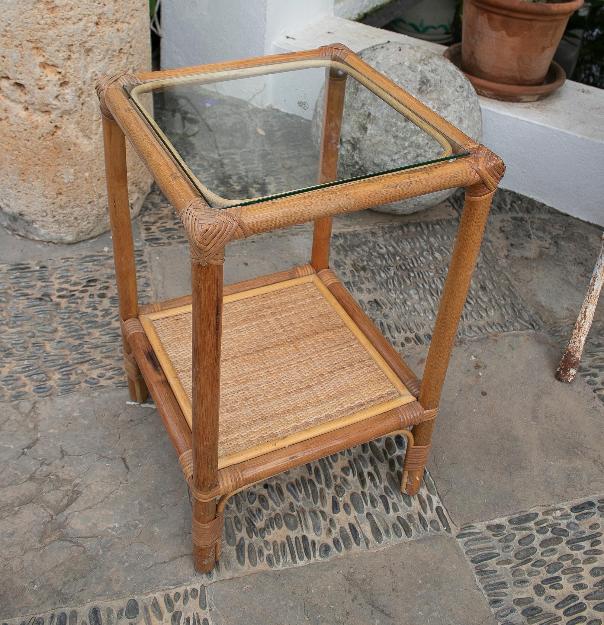 1980's Square bamboo and rattan side table.