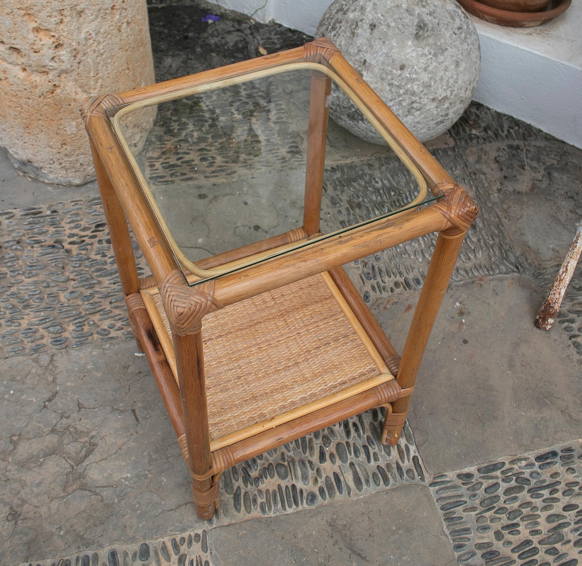 Spanish 1980's Square Bamboo and Rattan Side Table For Sale
