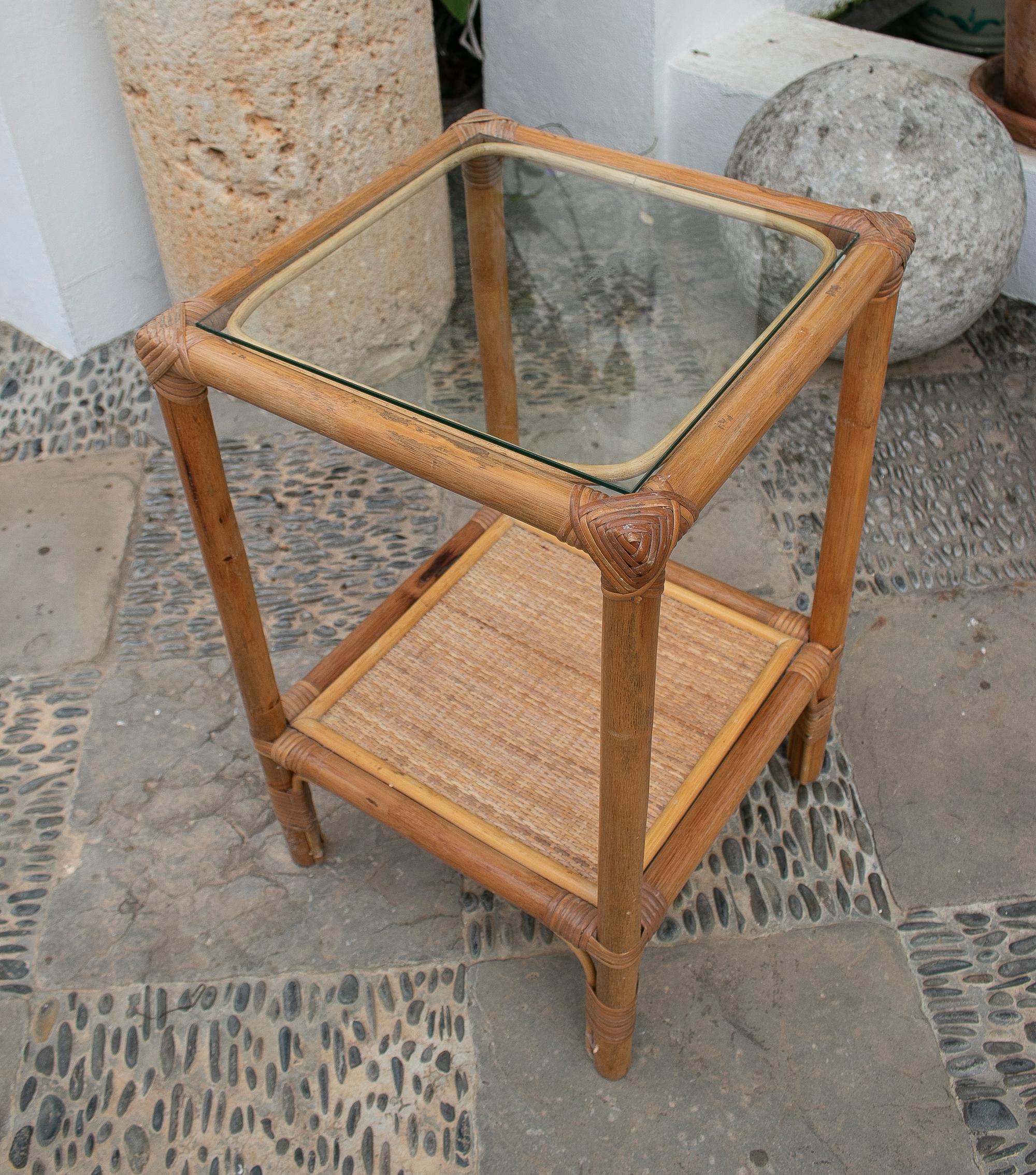 20th Century 1980's Square Bamboo and Rattan Side Table For Sale
