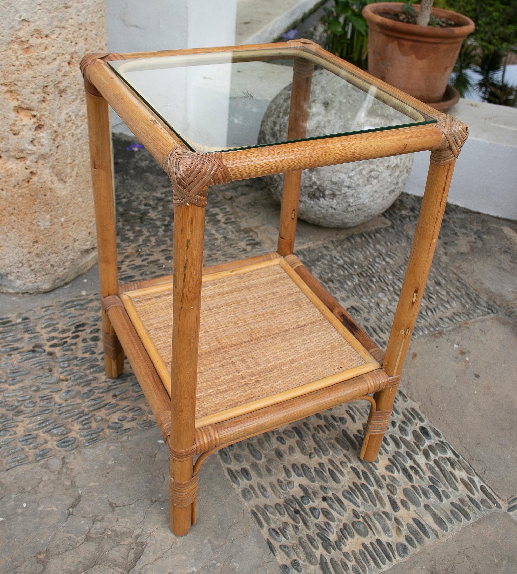 1980's Square Bamboo and Rattan Side Table For Sale 2