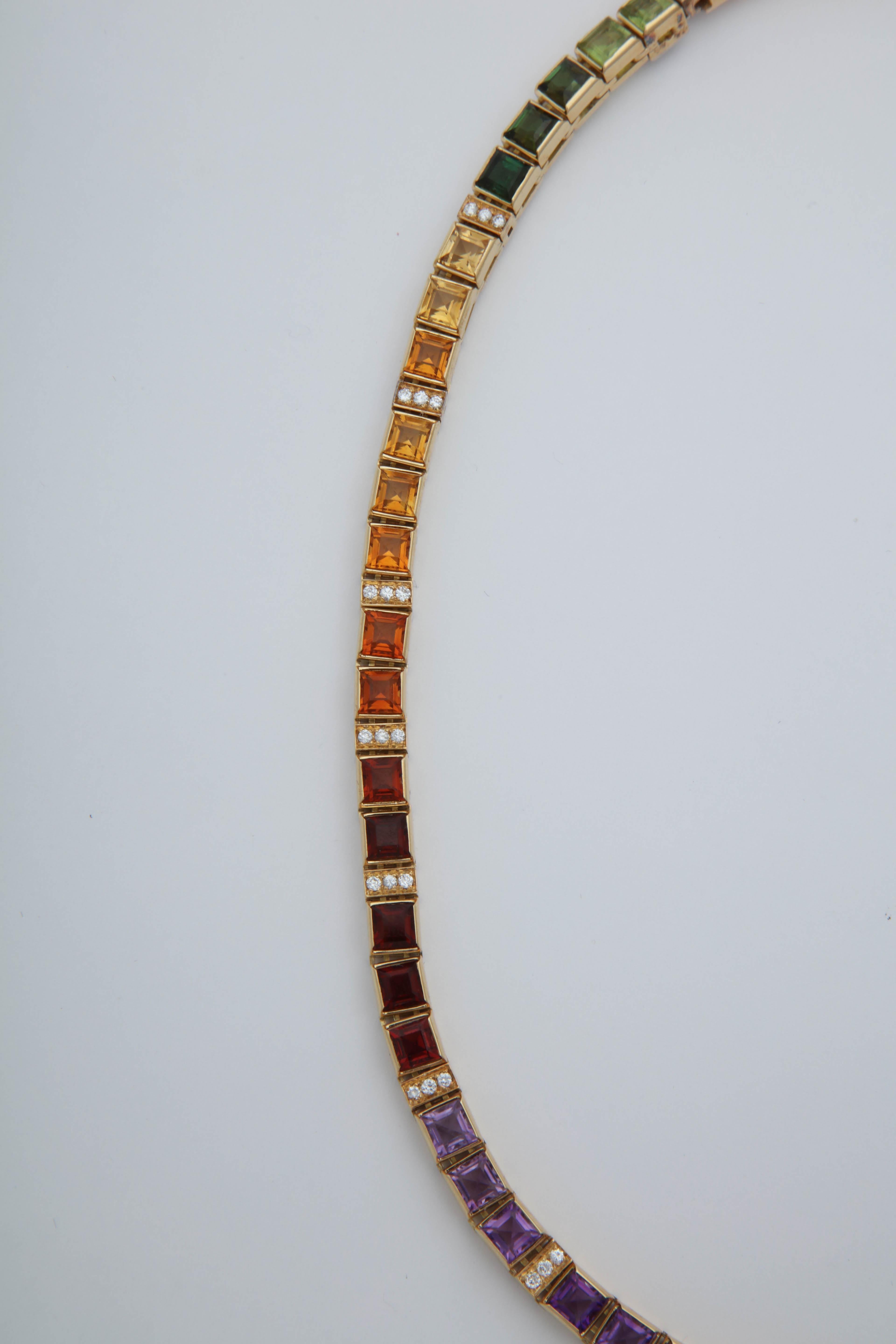 1980s Square Cut Multicolored Stones Detachable Gold Straightline Necklace In Good Condition In New York, NY