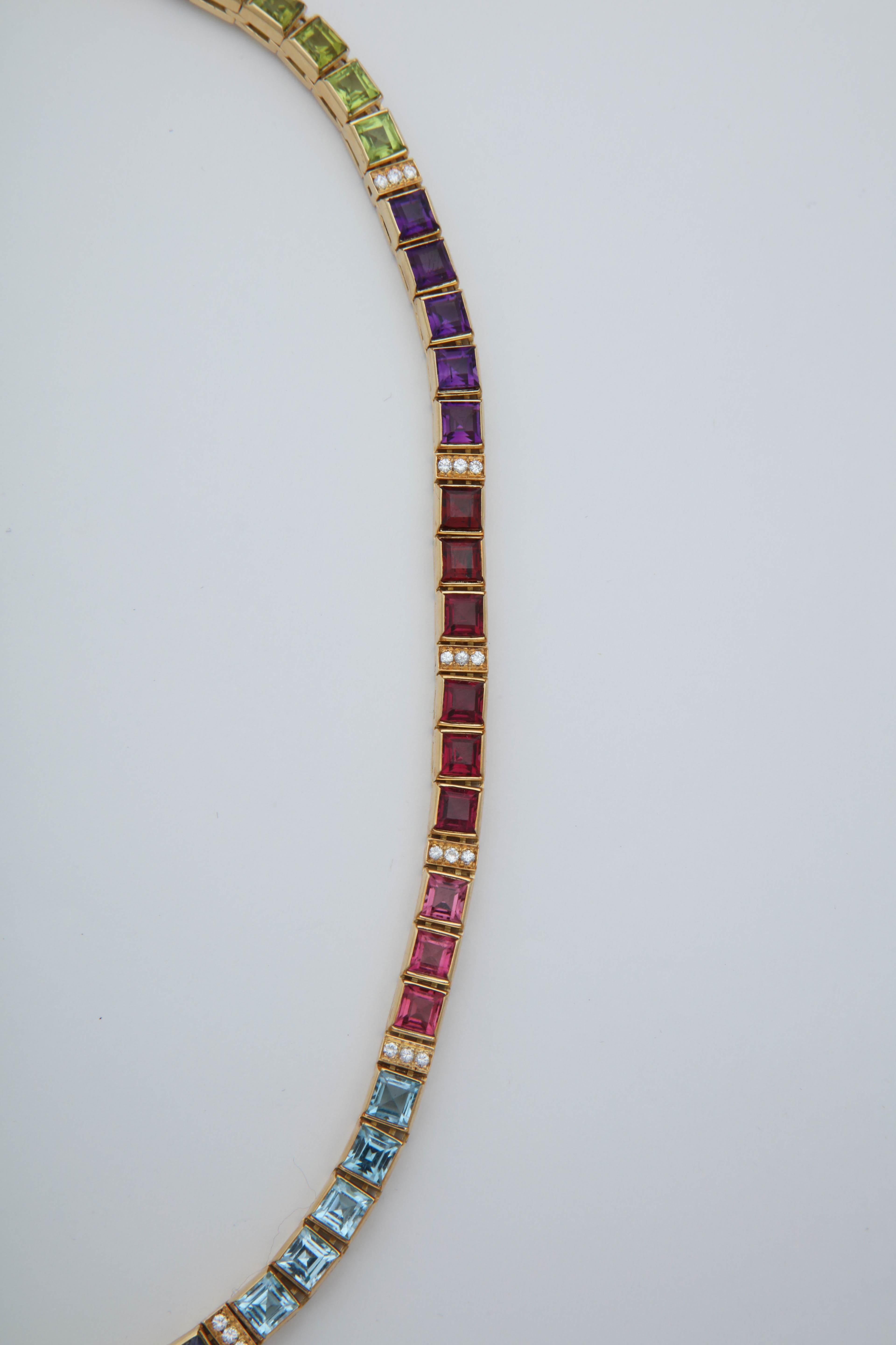 Women's 1980s Square Cut Multicolored Stones Detachable Gold Straightline Necklace