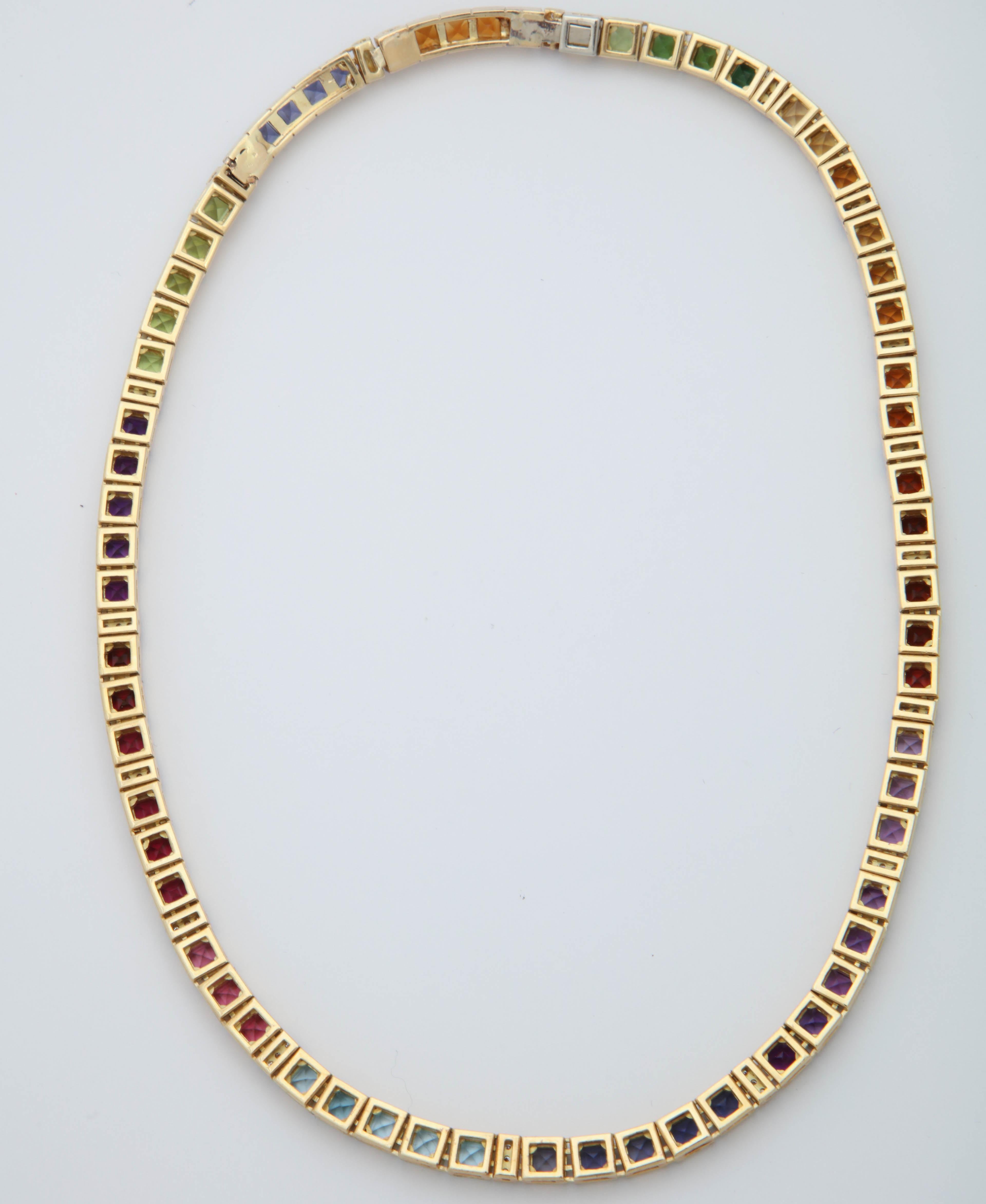 1980s Square Cut Multicolored Stones Detachable Gold Straightline Necklace 1