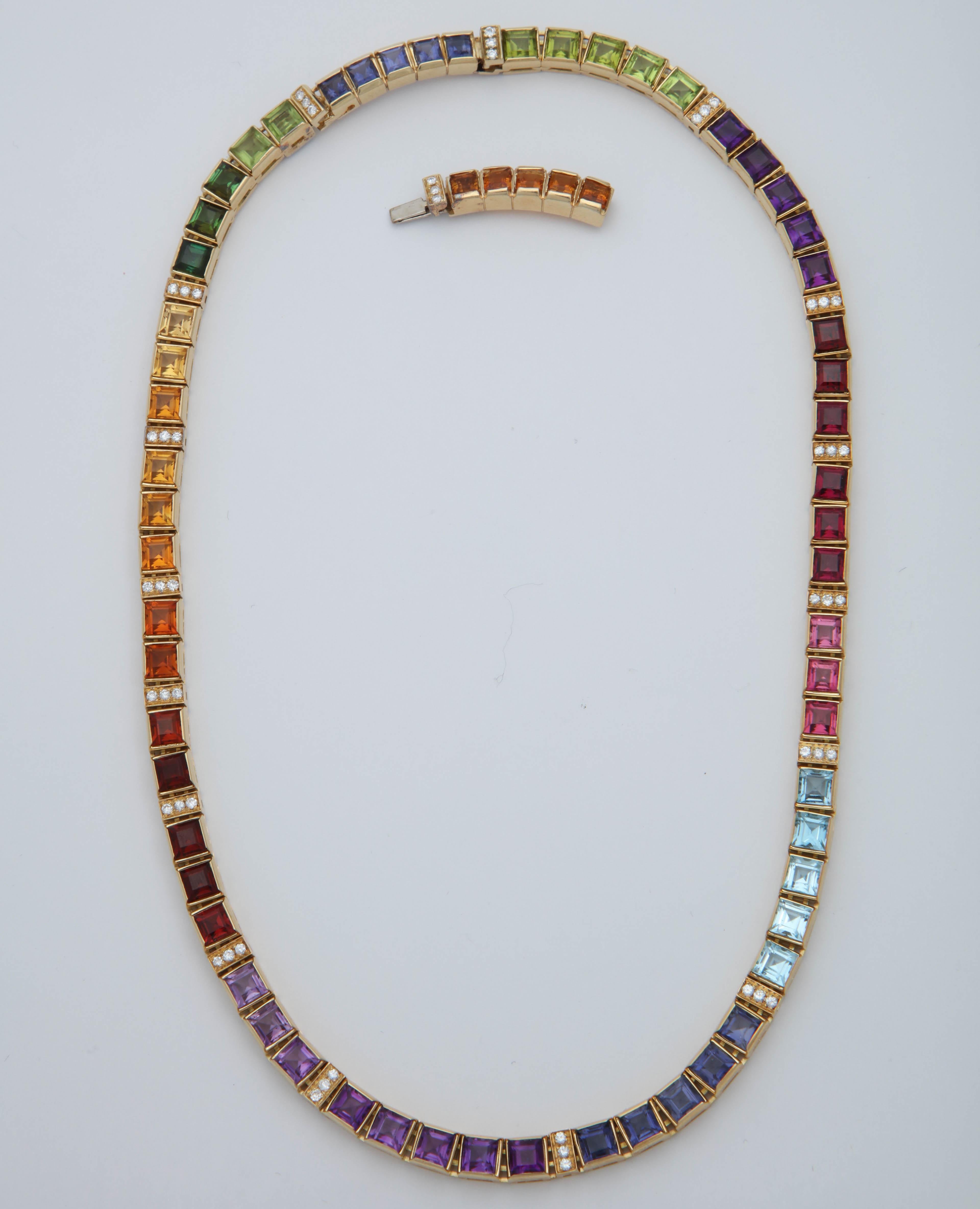 1980s Square Cut Multicolored Stones Detachable Gold Straightline Necklace 2