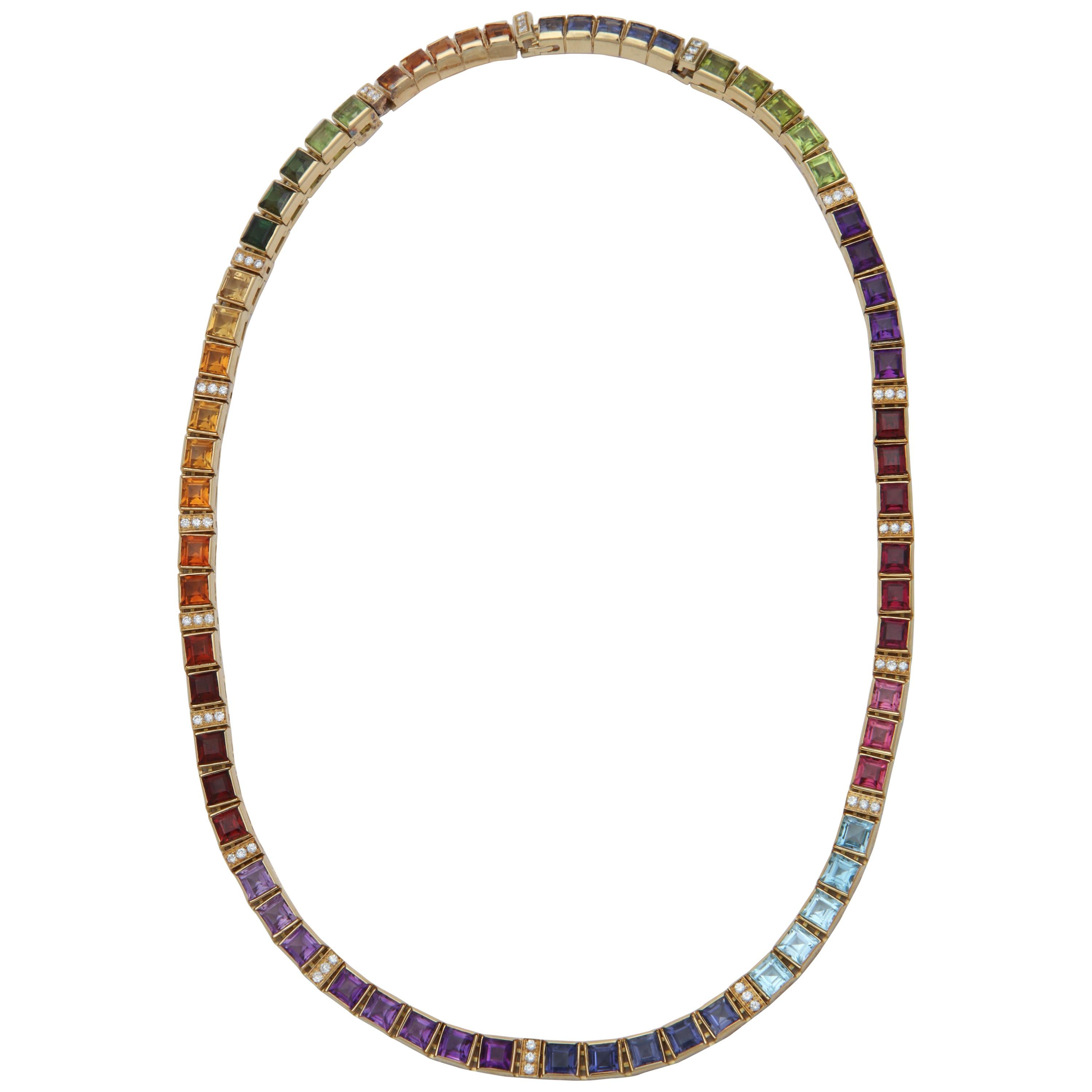 1980s Square Cut Multicolored Stones Detachable Gold Straightline Necklace