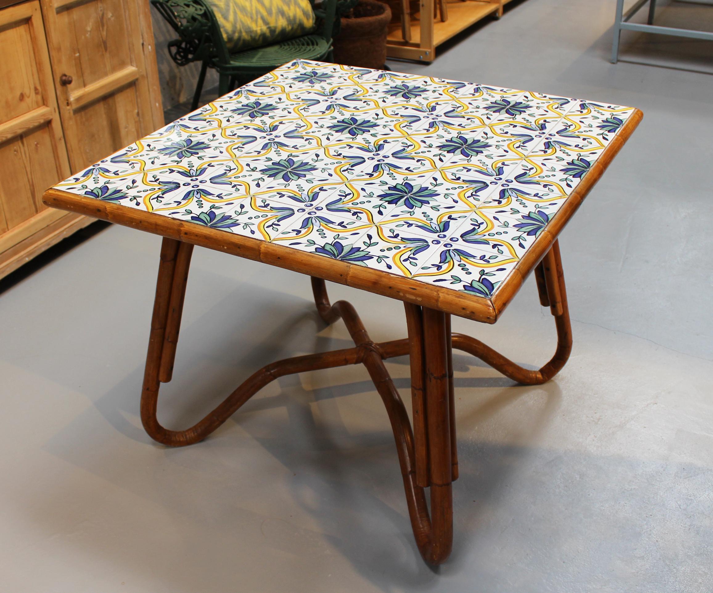 1980s squared bamboo and canework table with tiles.