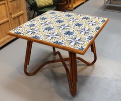 1980s Squared Bamboo and Canework Table with Tiles