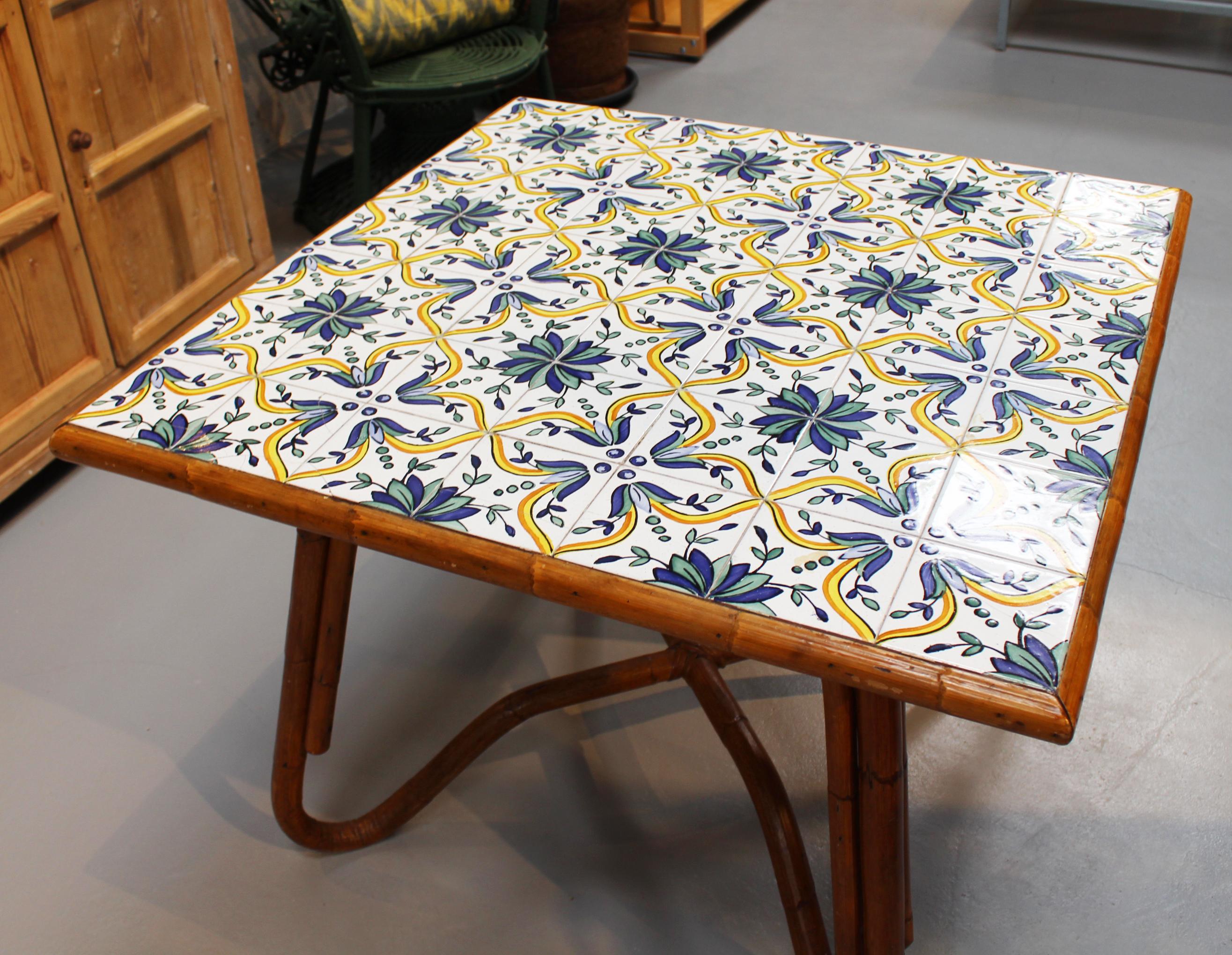 Spanish 1980s Squared Bamboo and Canework Table with Tiles