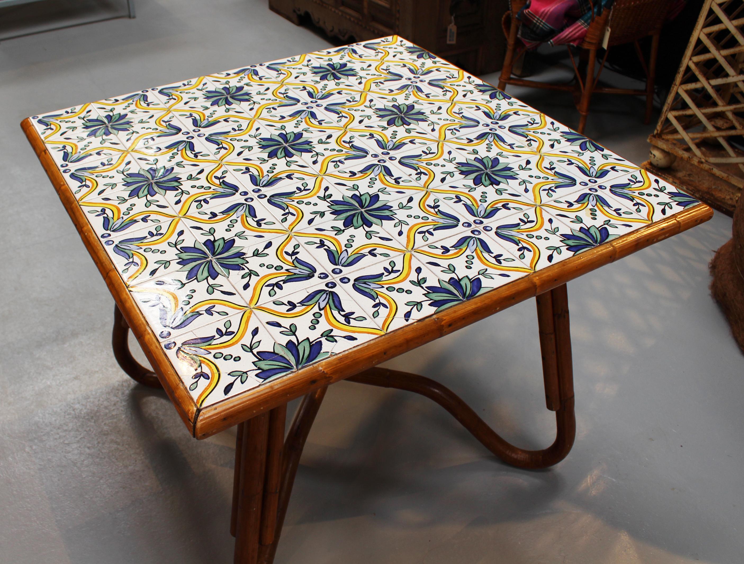 1980s Squared Bamboo and Canework Table with Tiles In Good Condition In Marbella, ES