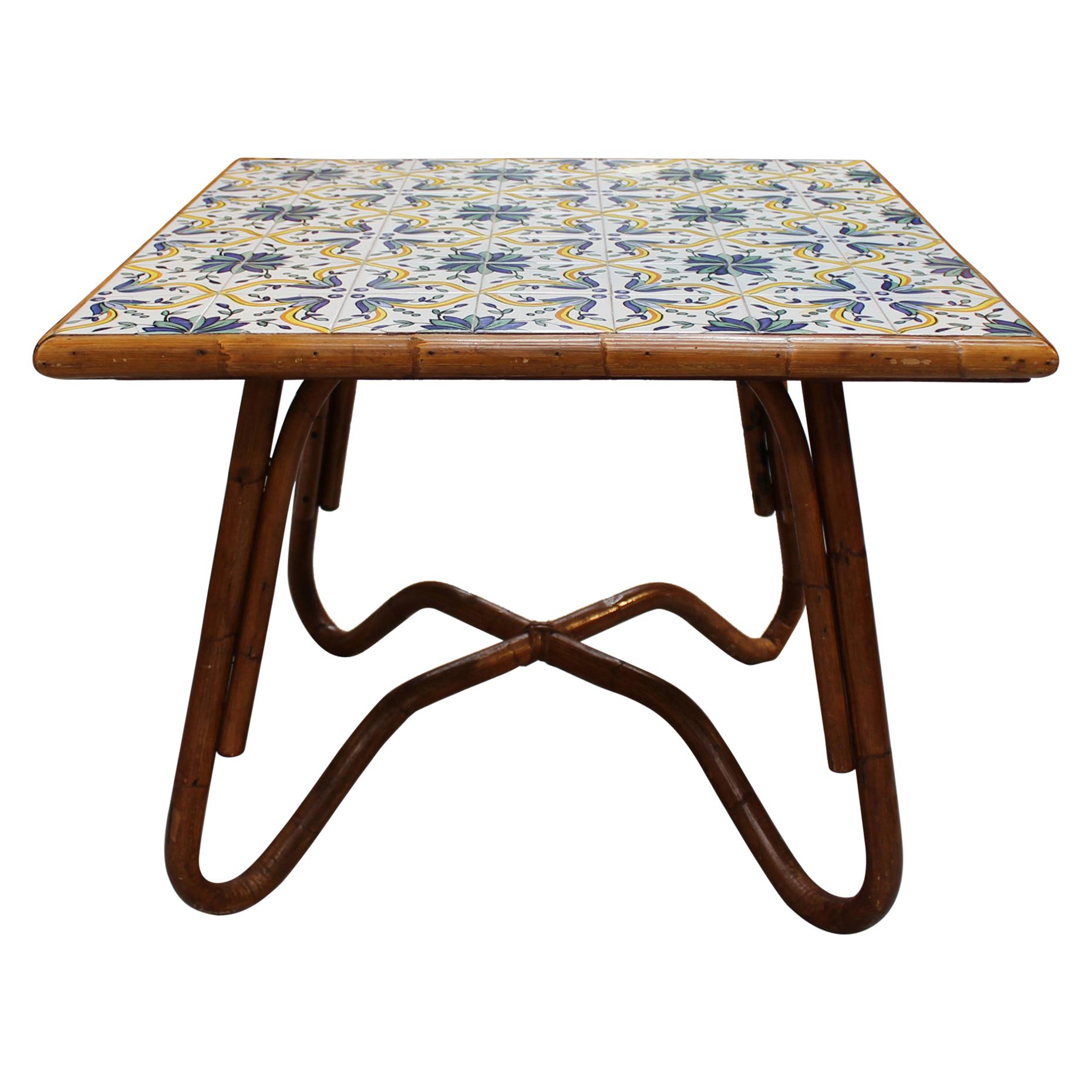 1980s Squared Bamboo and Canework Table with Tiles