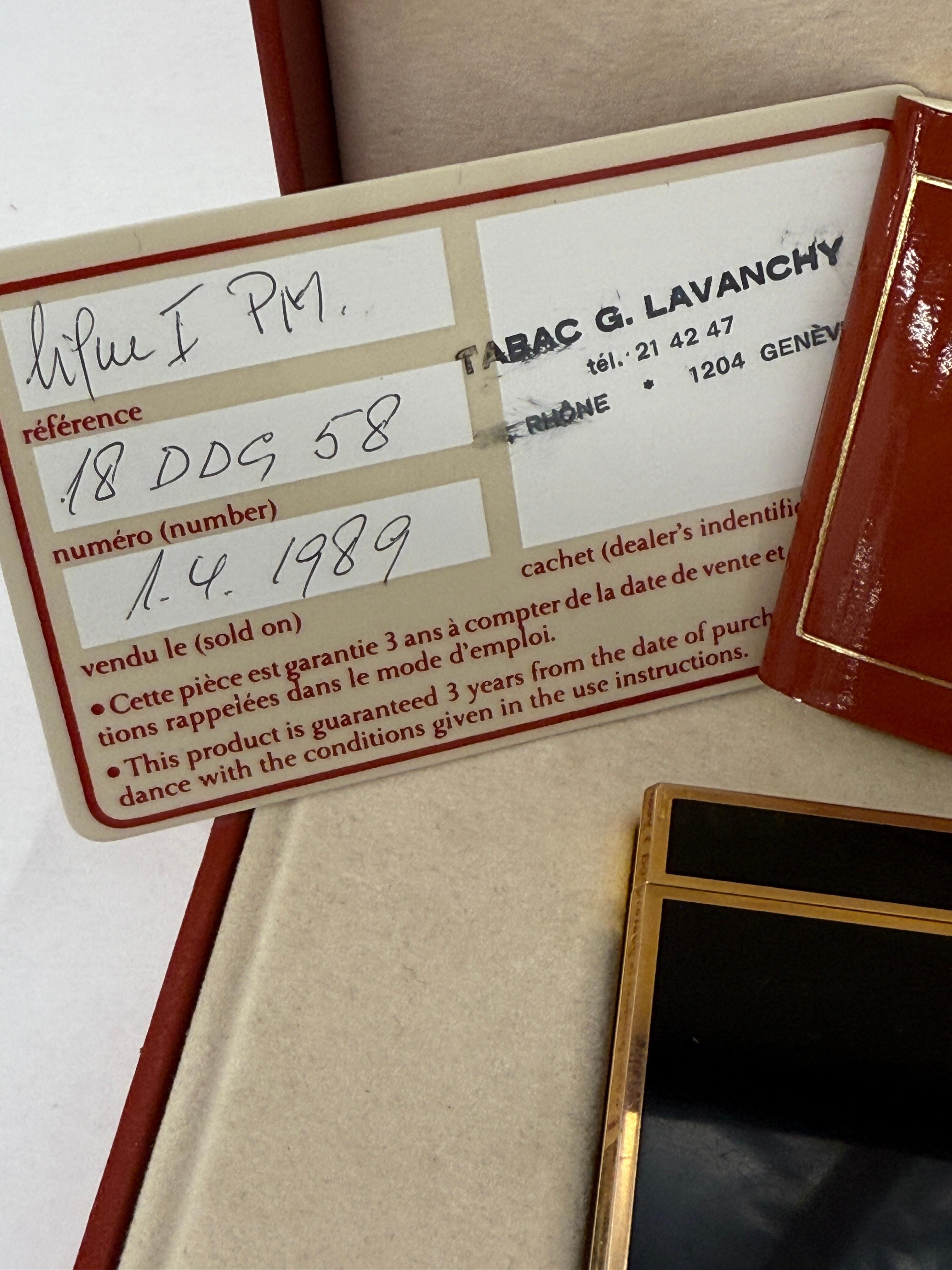 French 1980’s S.T. DuPont Laque de Chine Gold Plated Lighter with Box and Papers