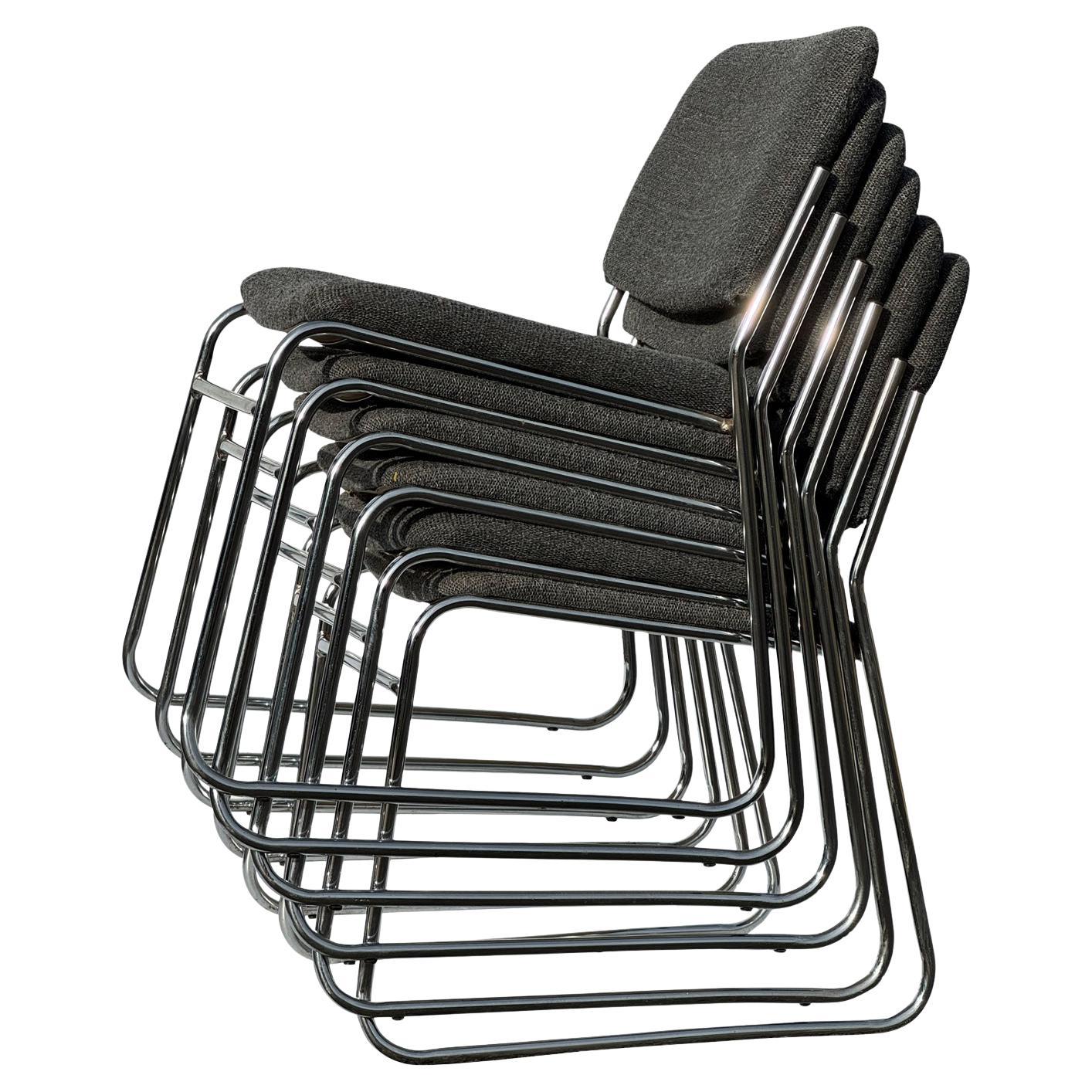 1980s Stacking Chrome Tubular Grey Tweed Chairs For Sale