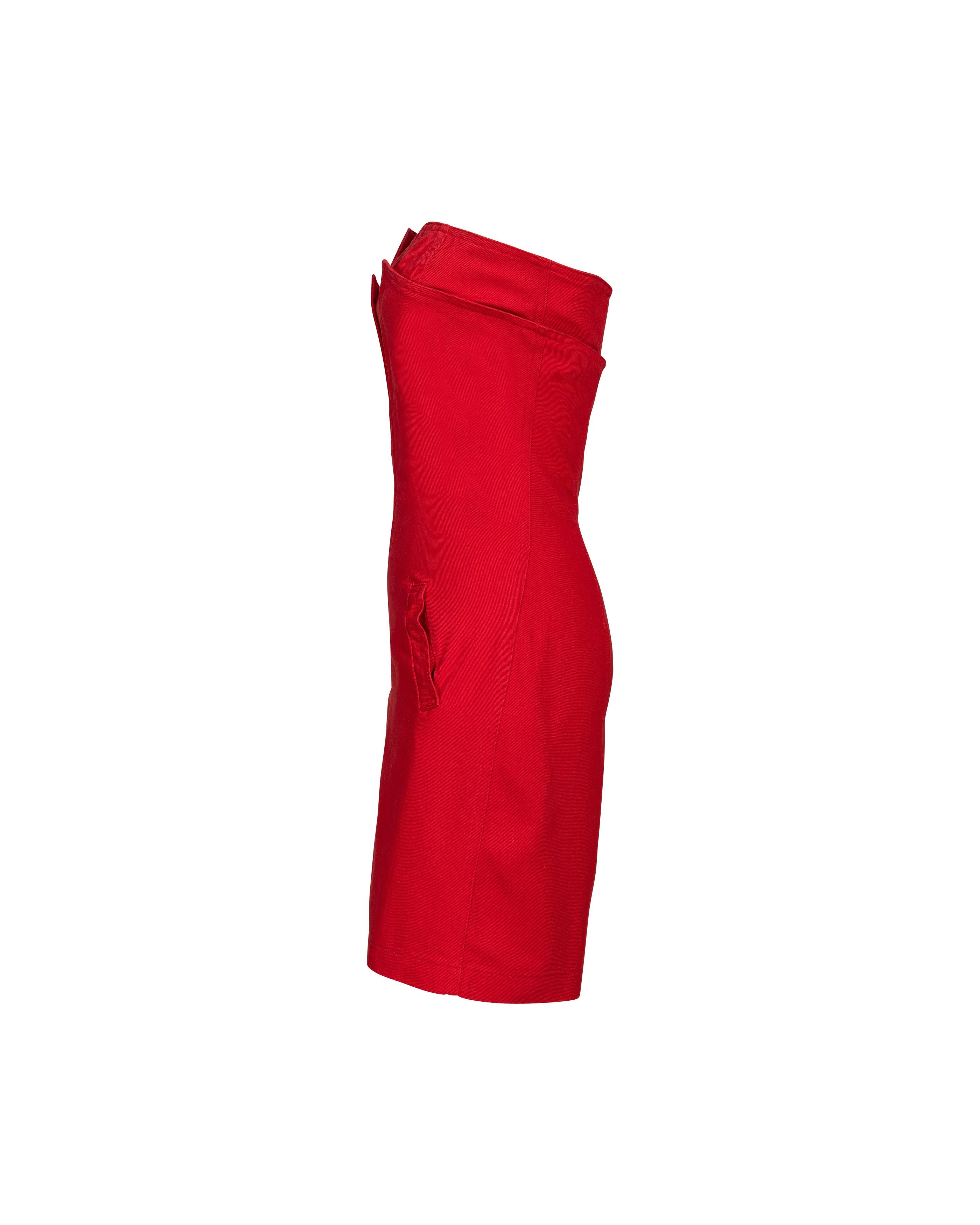 Women's 1980's Stephen Sprouse Red Strapless Mini Denim Sheath Dress