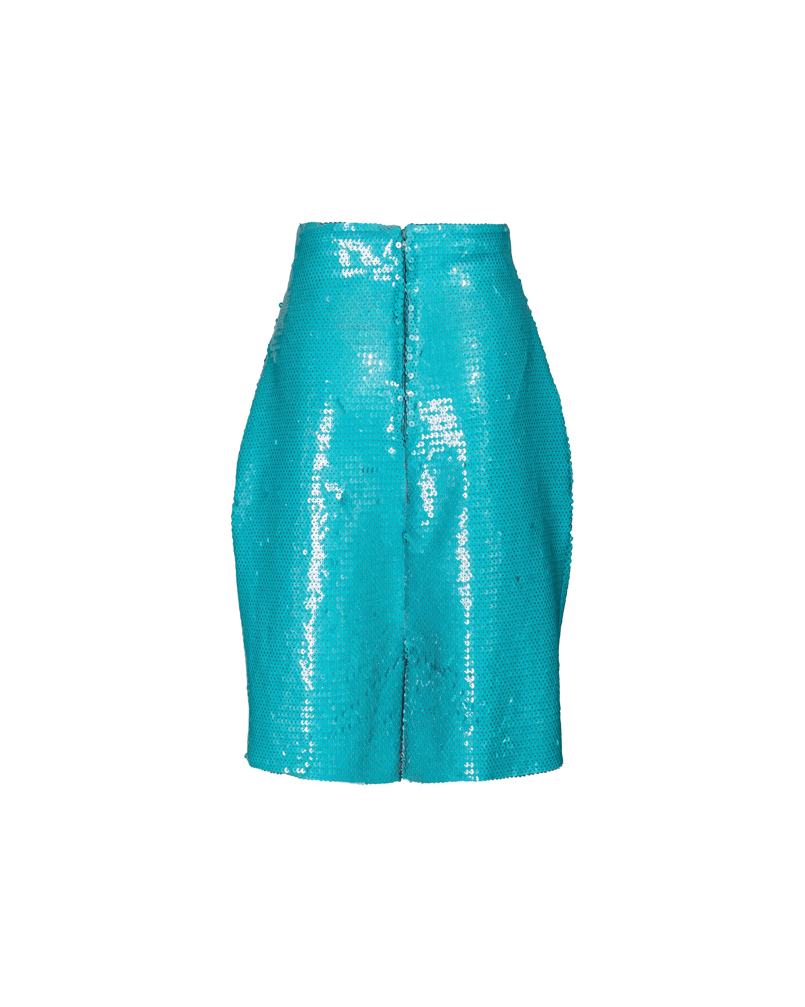 Women's 1980's Stephen Sprouse Turquoise Sequin Above-Knee Skirt For Sale