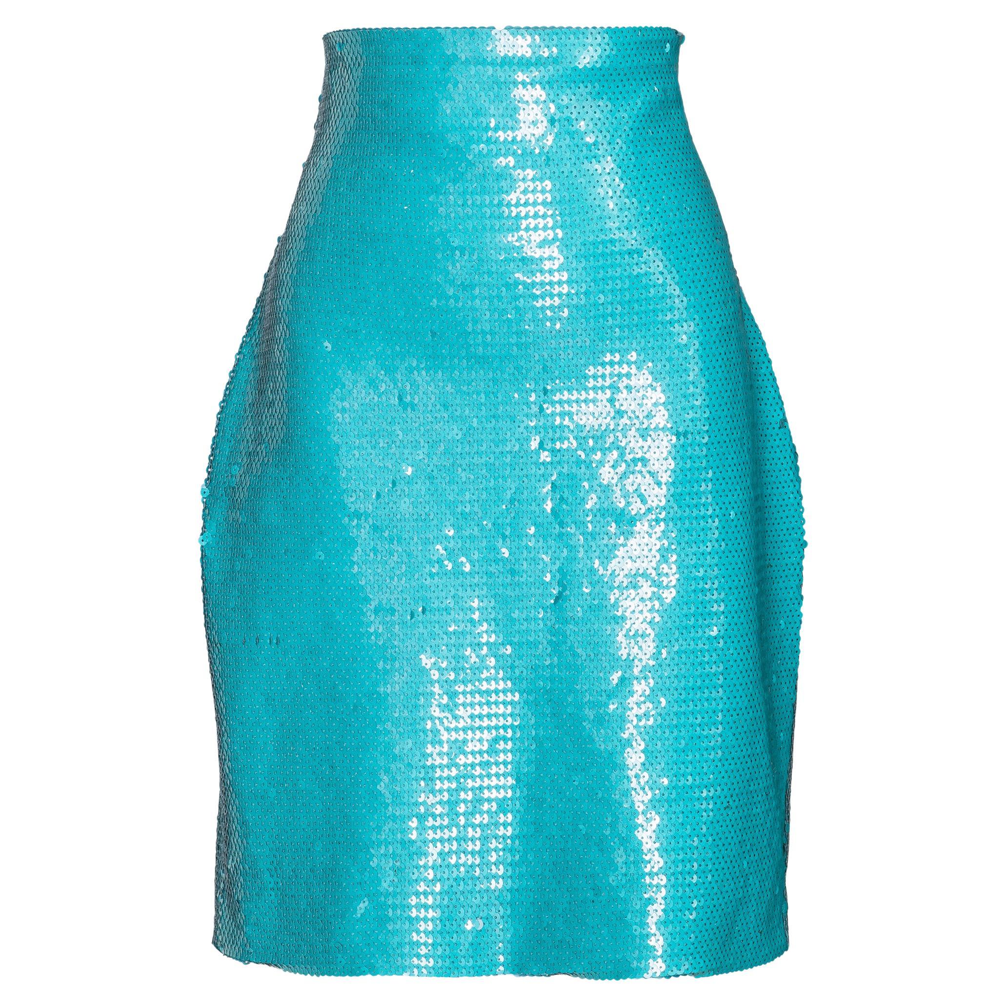 1980's Stephen Sprouse Turquoise Sequin Above-Knee Skirt For Sale